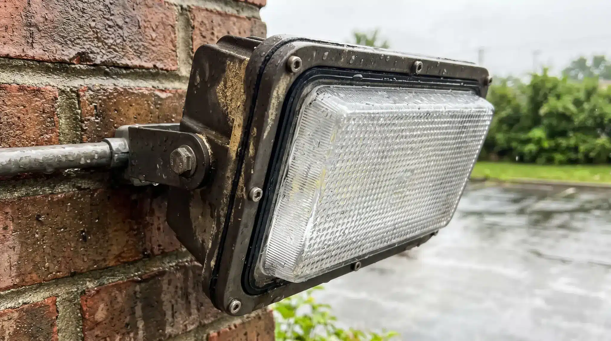 Sealed outdoor LED light installed on an exterior surface in wet conditions