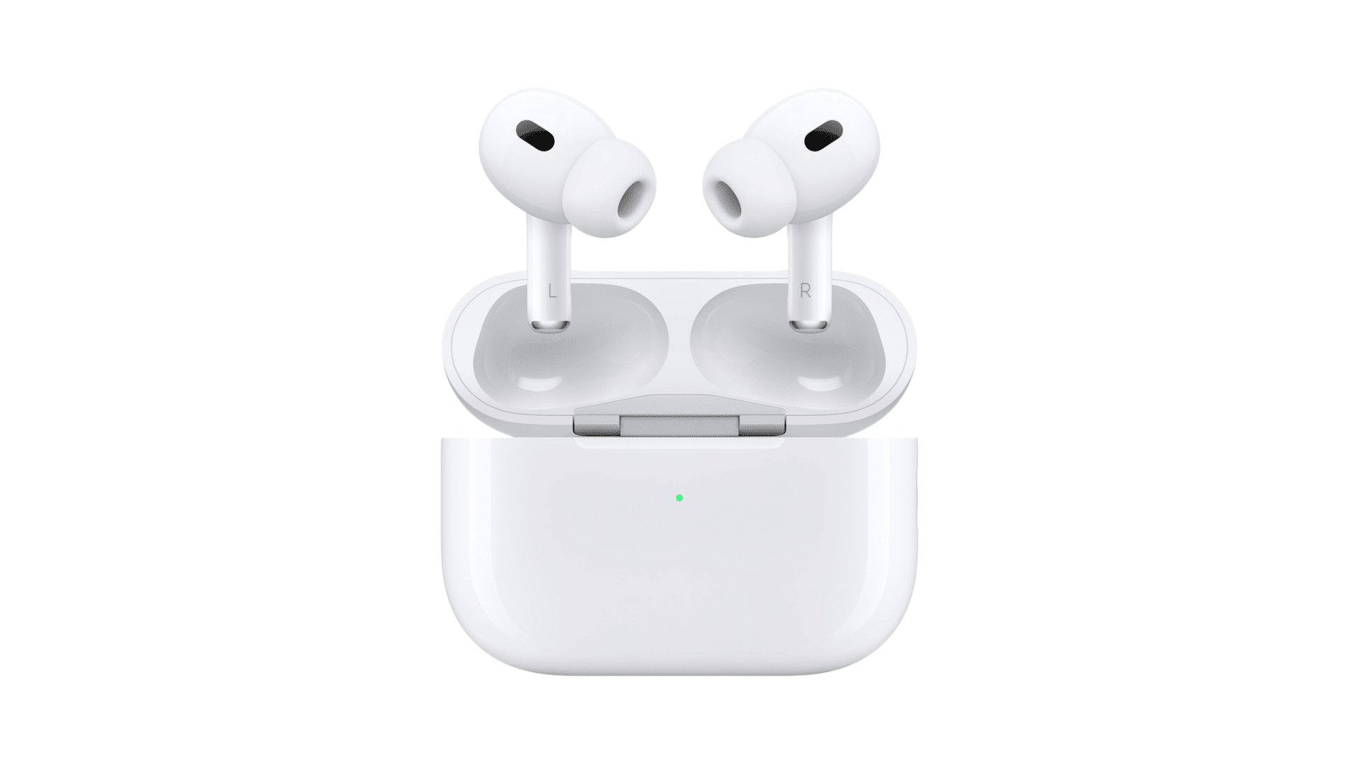 second generation apple airpods pro with charging case shown on clean white background in a clear product view