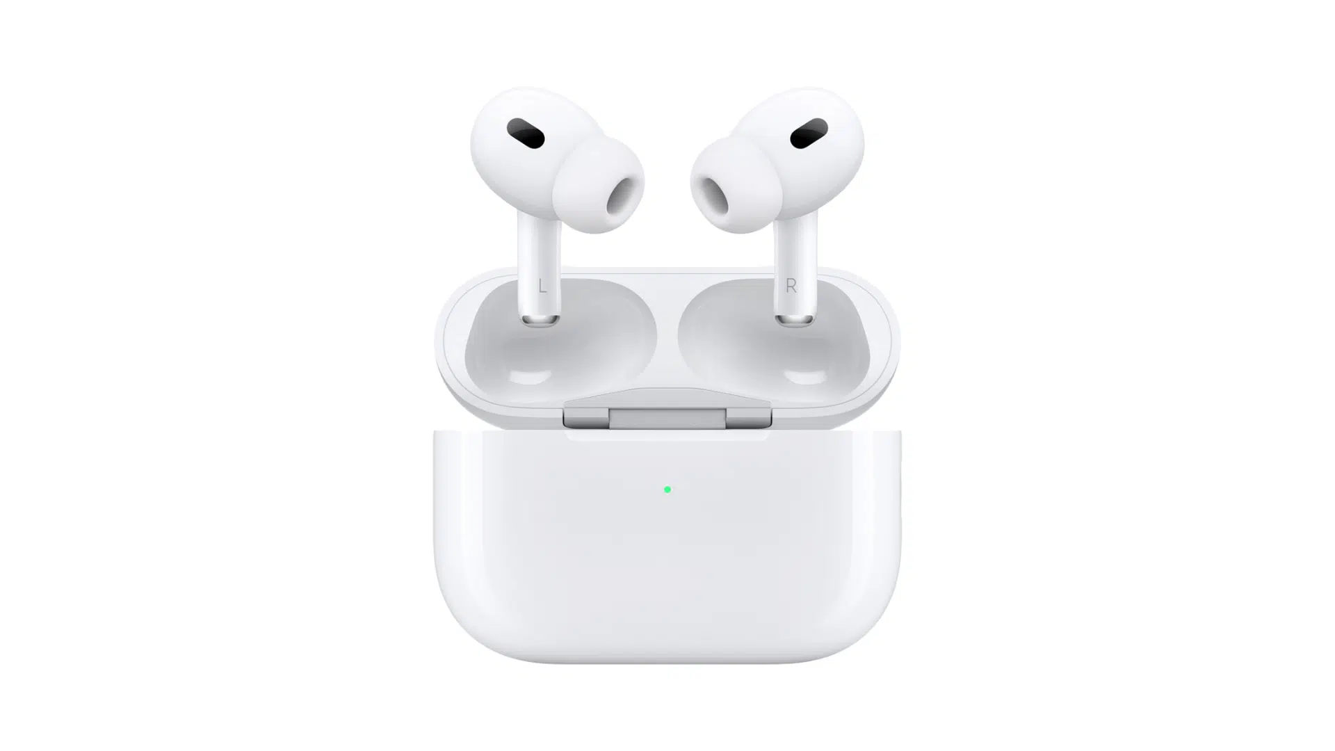 second generation apple airpods pro with charging case shown on clean white background in a clear product view