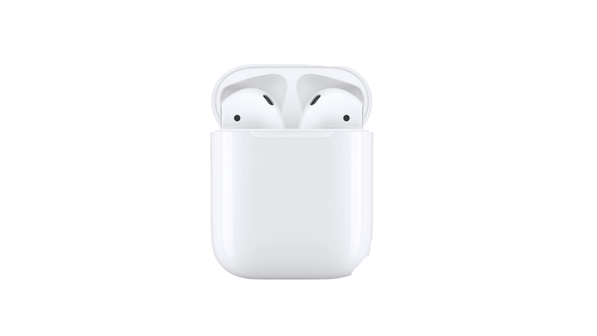 second generation apple airpods with charging case shown on a clean white background in simple product display