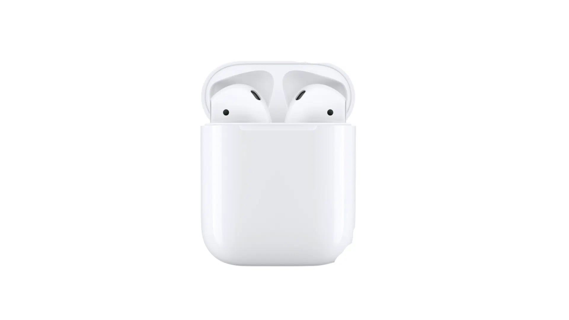 second generation apple airpods with charging case shown on a clean white background in simple product display