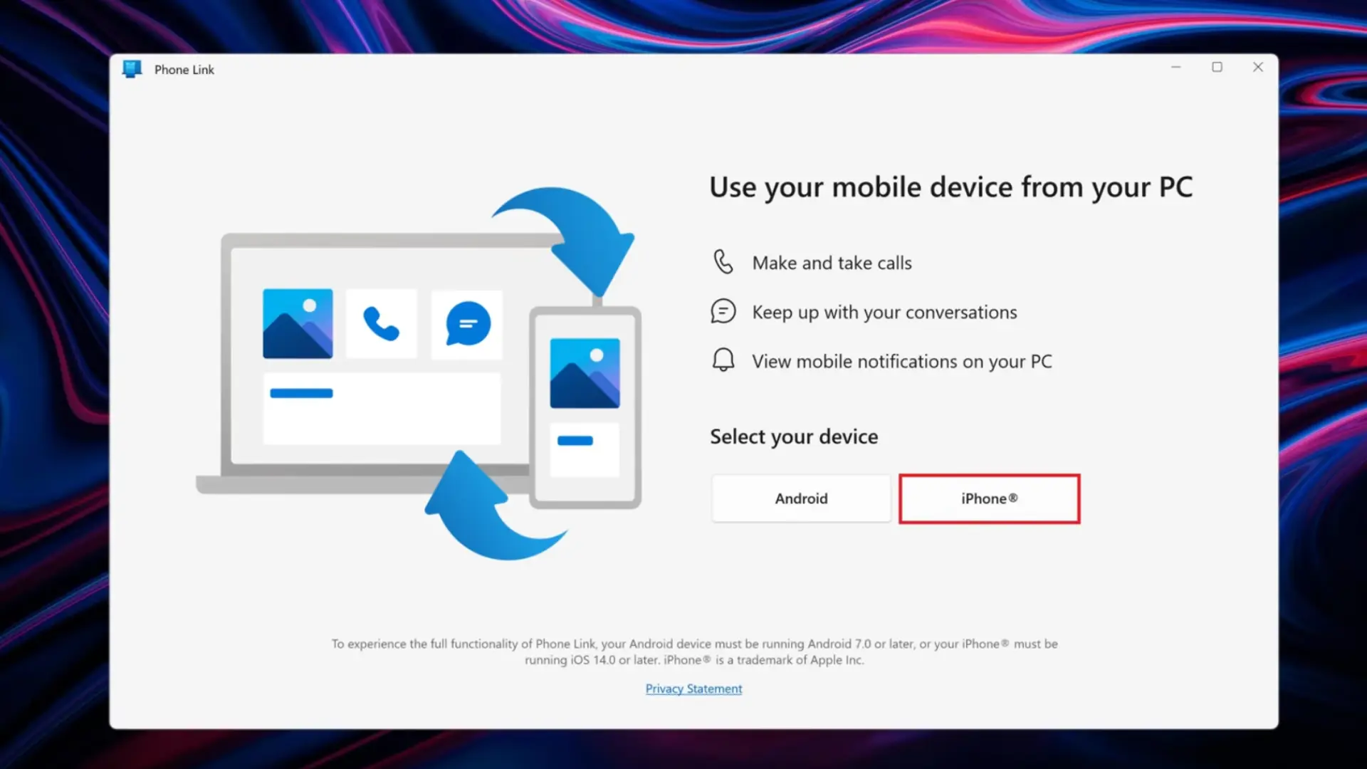 Phone Link app device selection screen with iPhone option highlighted, displaying a QR code to start the Bluetooth pairing process