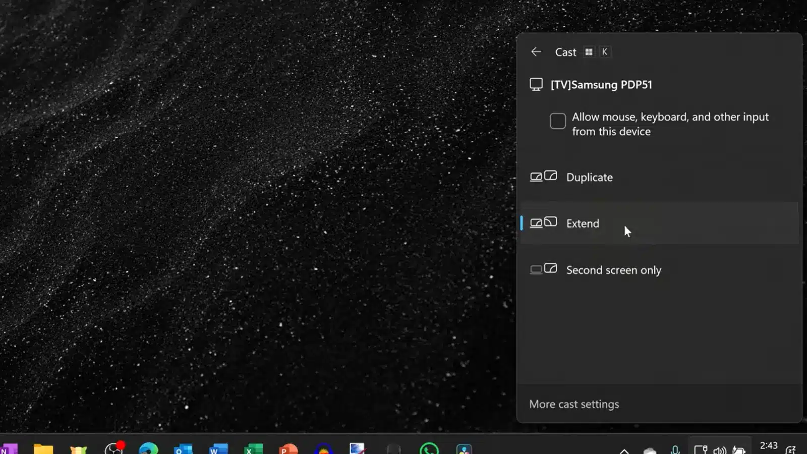 Windows Cast menu connected to a Samsung TV, showing Duplicate, Extend, and Second screen only with Extend selected