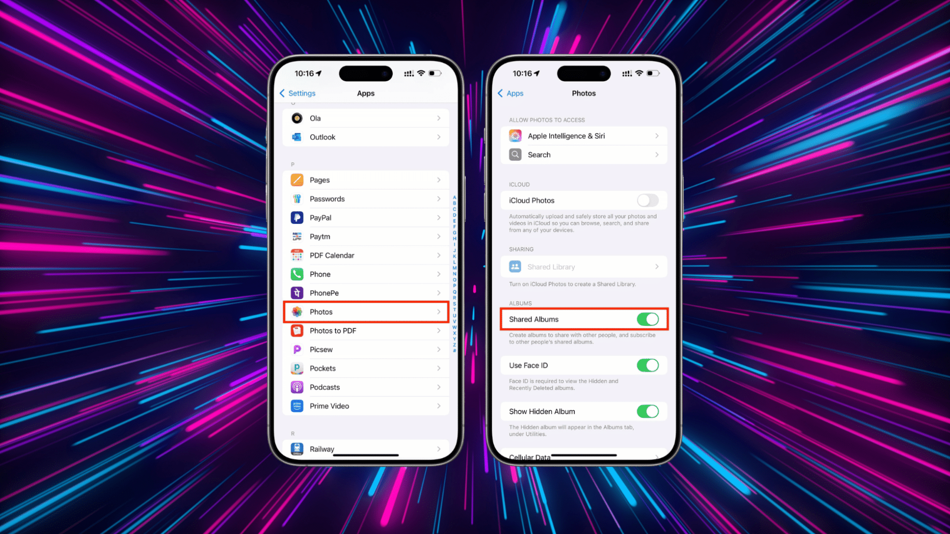 settings app showing apps photos and the shared albums toggle turned on for sharing photos on an iphone