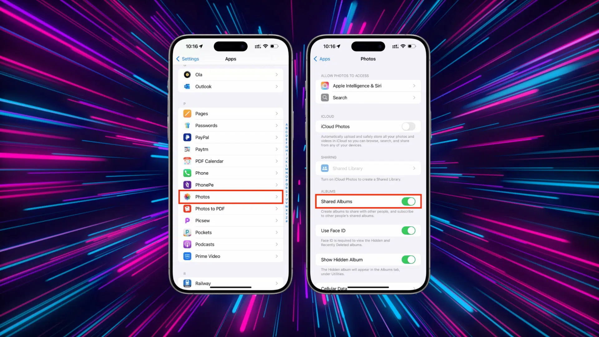 settings app showing apps photos and the shared albums toggle turned on for sharing photos on an iphone