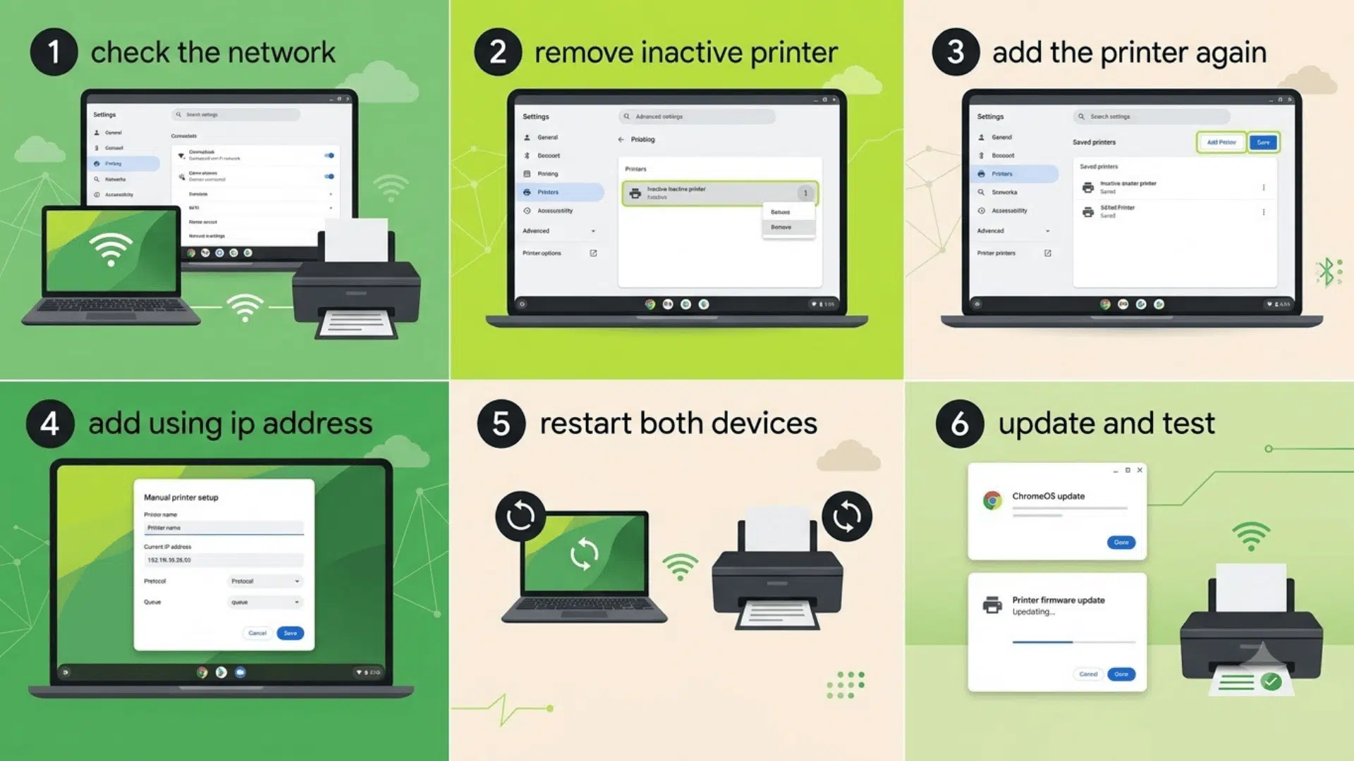 six chromebook screens show network checks printer setup ip entry device restarts updates and test printing
