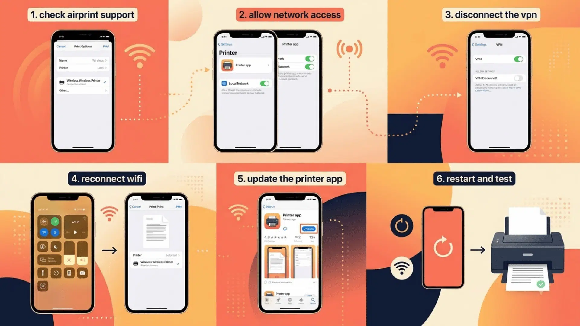 six iphone screens show airprint network access vpn wifi app updates and printer restart steps