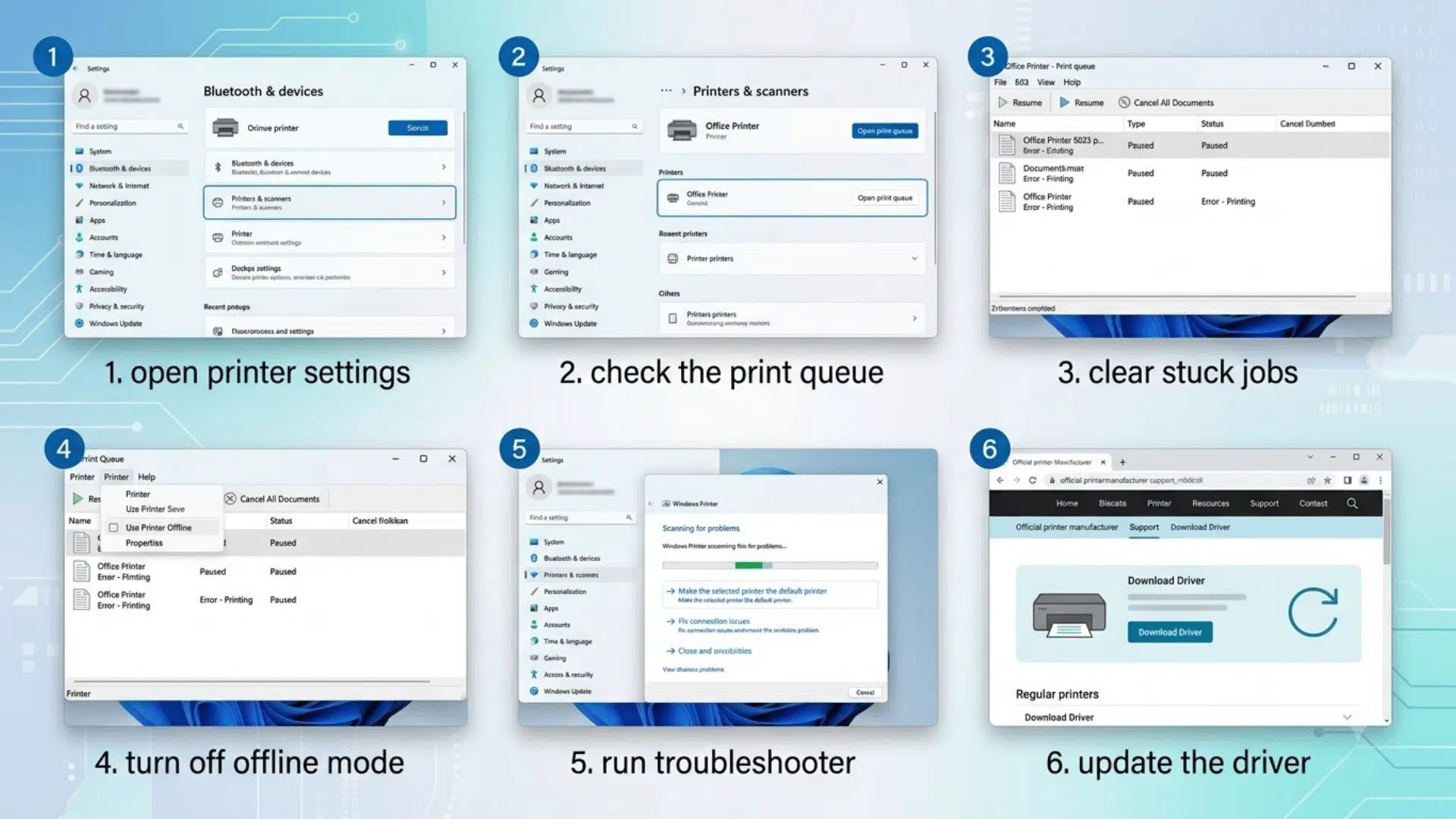 six windows screens show printer settings queue cleanup offline mode troubleshooter and driver update