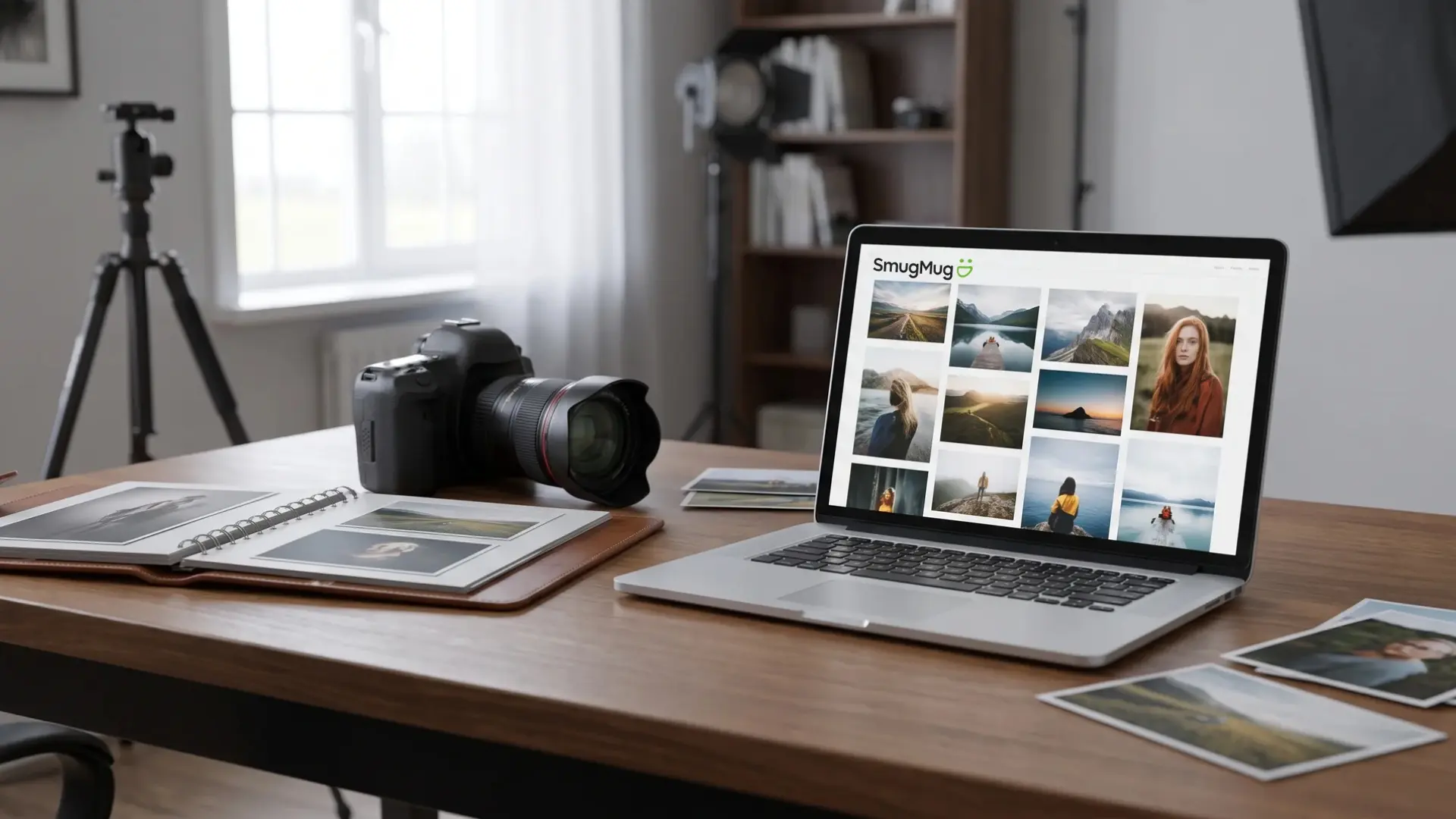 Professional photography workspace with camera, prints, and digital portfolio gallery setup