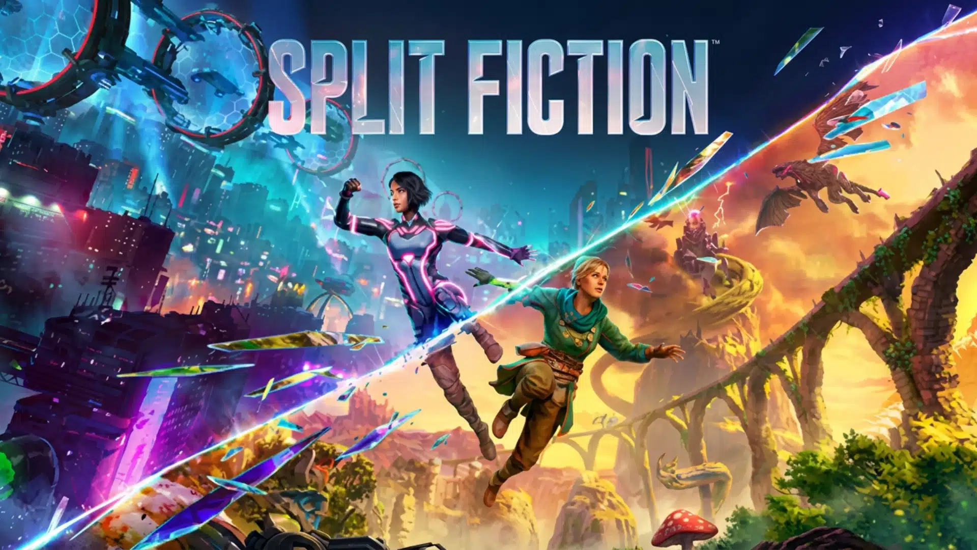 Two characters running through a colorful sci-fi landscape with glowing energy effects and futuristic structures.