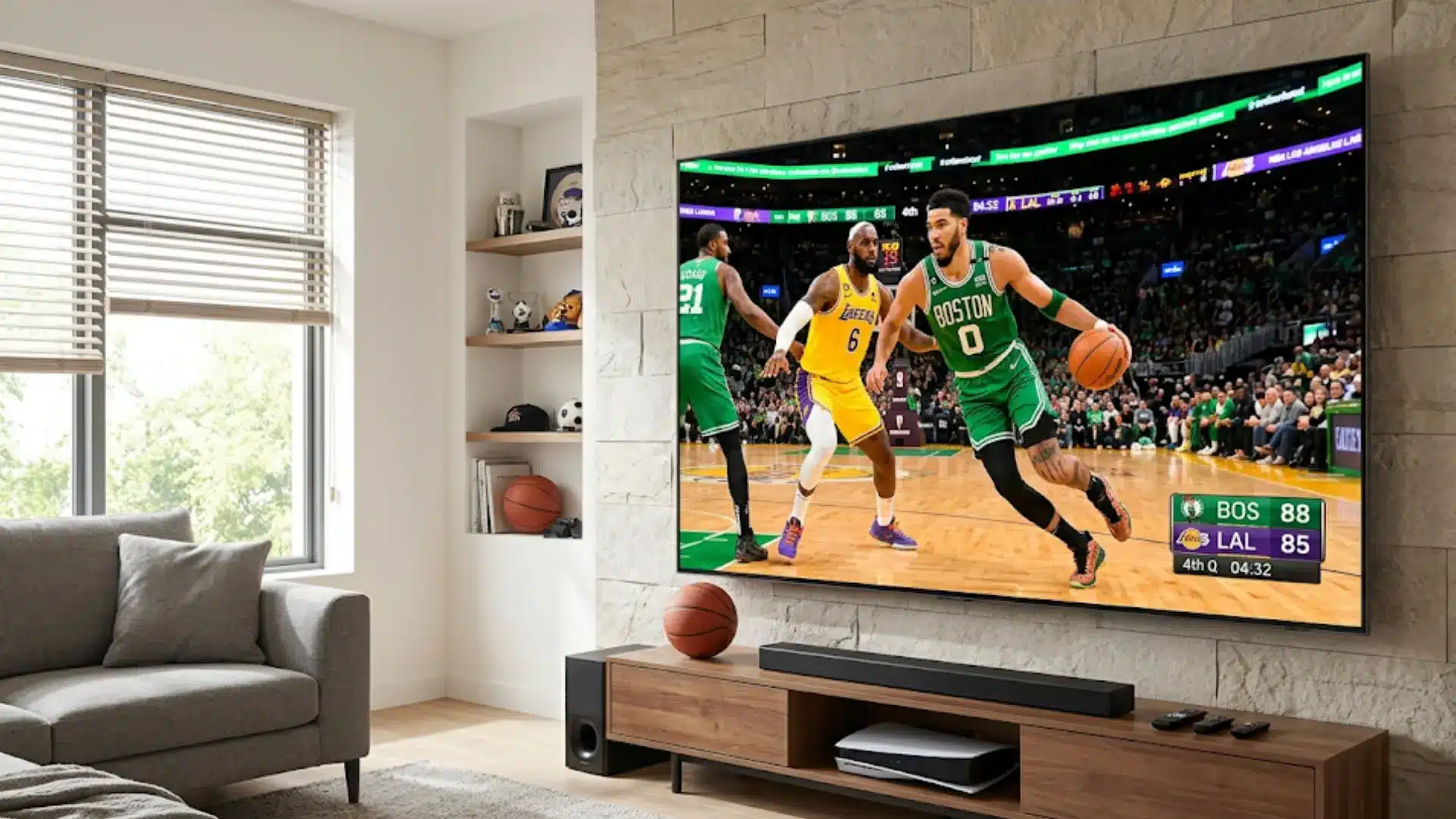 Large QLED TV mounted on a stone wall displaying a high-definition basketball game in a bright modern living room