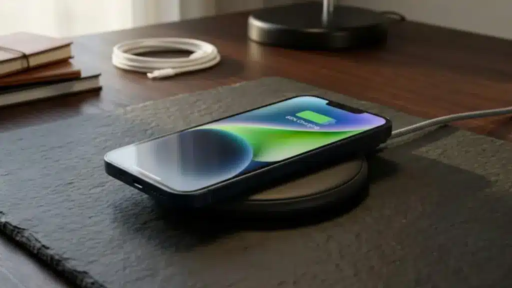 iPhone 14 charging on a standard Qi pad atop a dark desk mat beside a lamp and cable