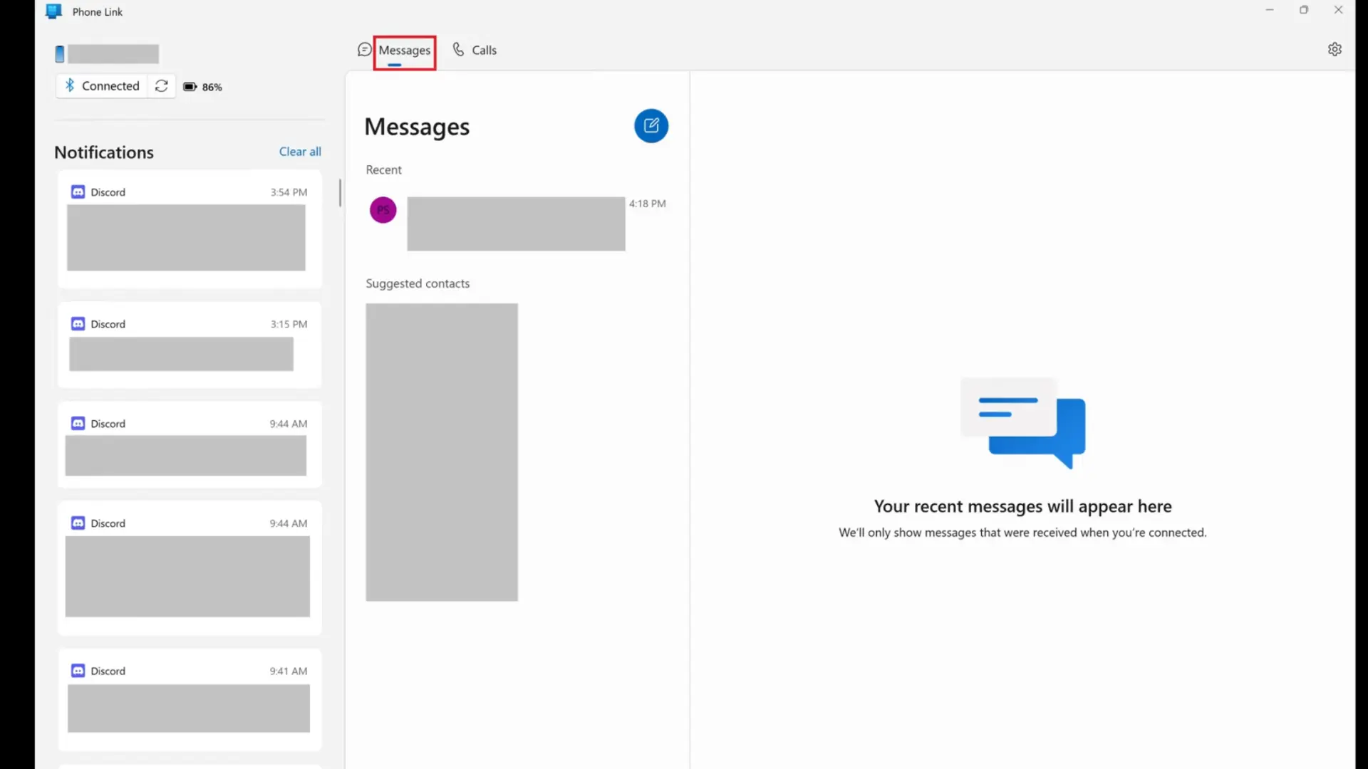 Phone Link welcome screen on Windows with Get Started button, ready to display iPhone messages, calls, and notifications on the PC