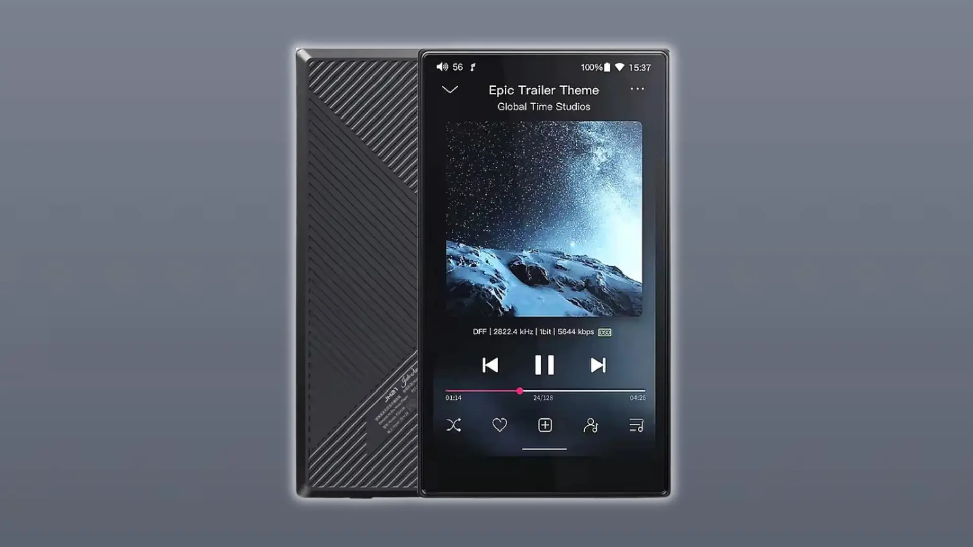 Portable digital audio player shown from the front and back, with Epic Trailer Theme playing on the touchscreen