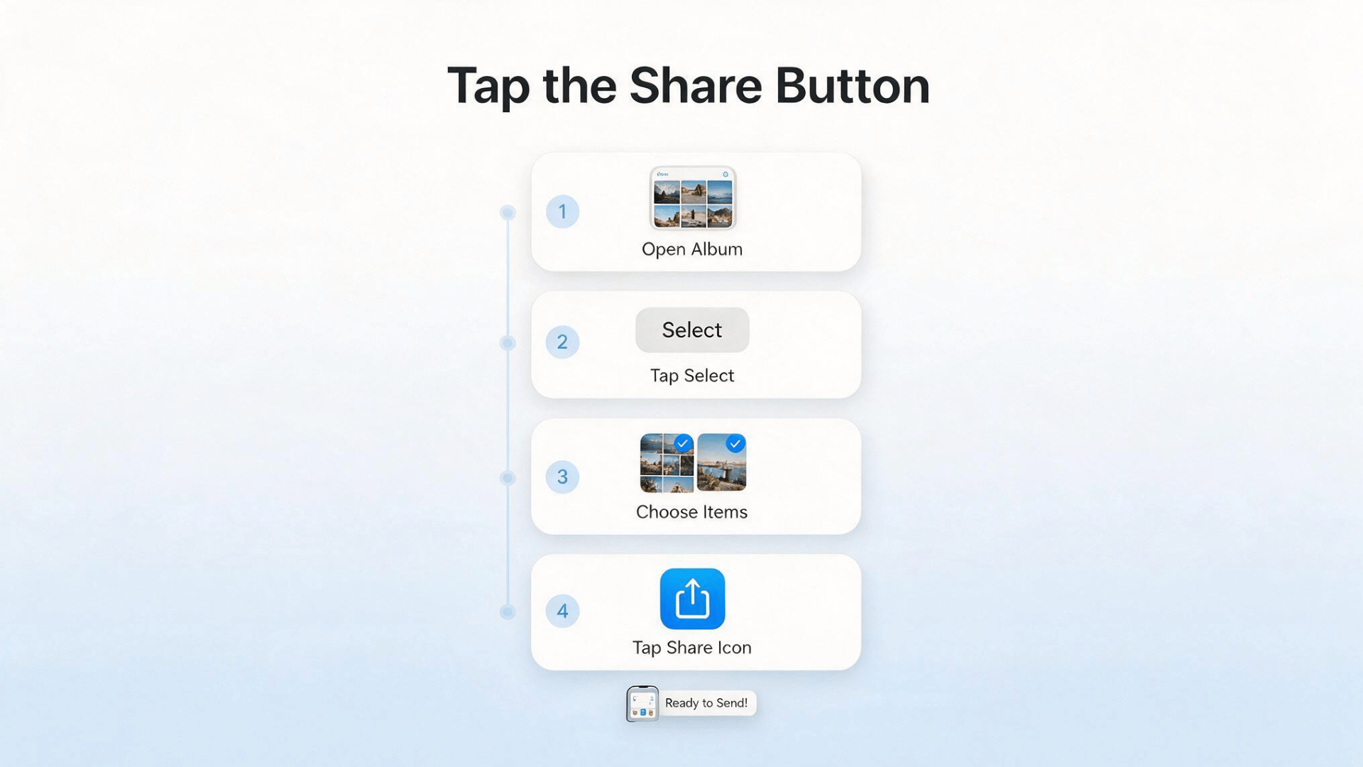 tap the share button to select photos or videos and open sharing options for a shared album on iphone