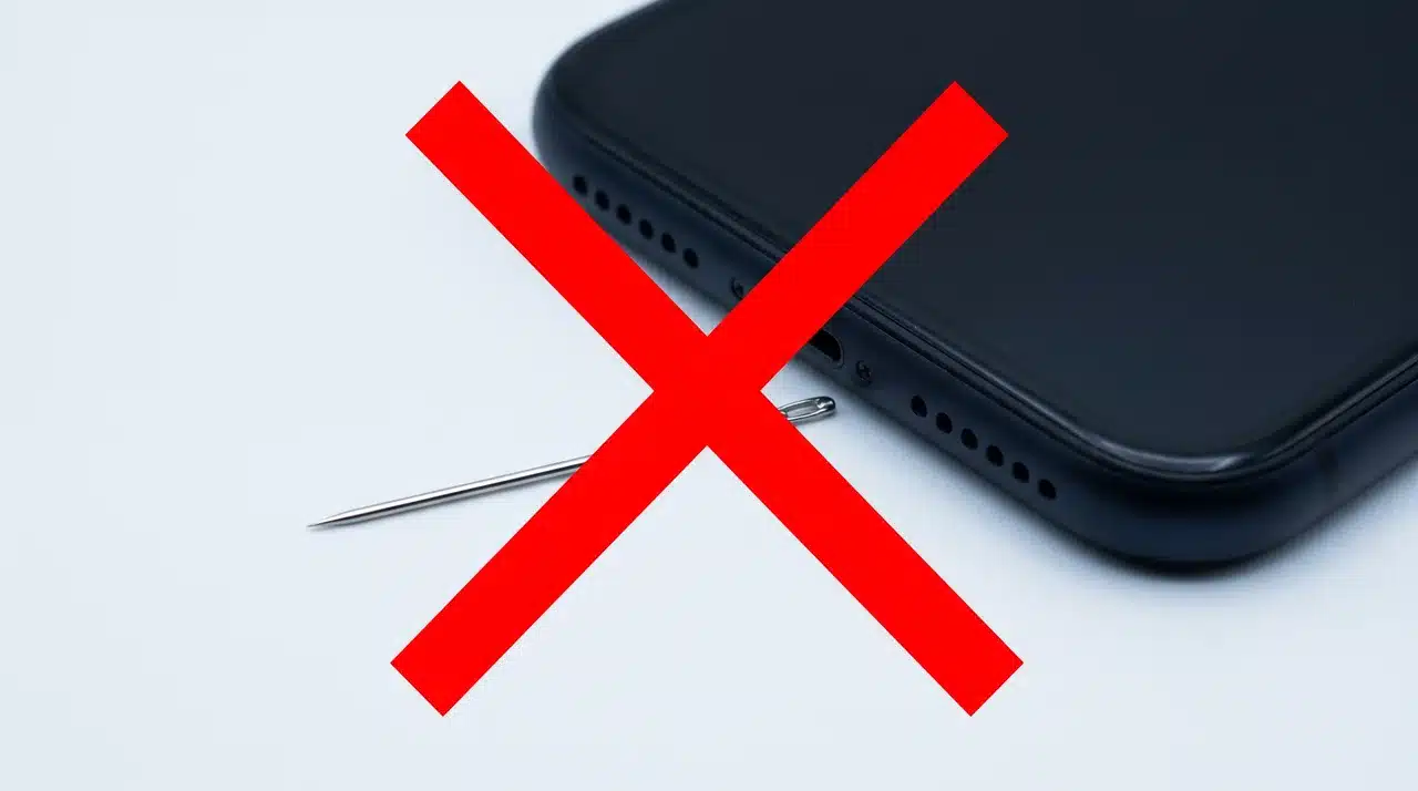 Sharp pin placed next to a smartphone speaker grille on a flat surface