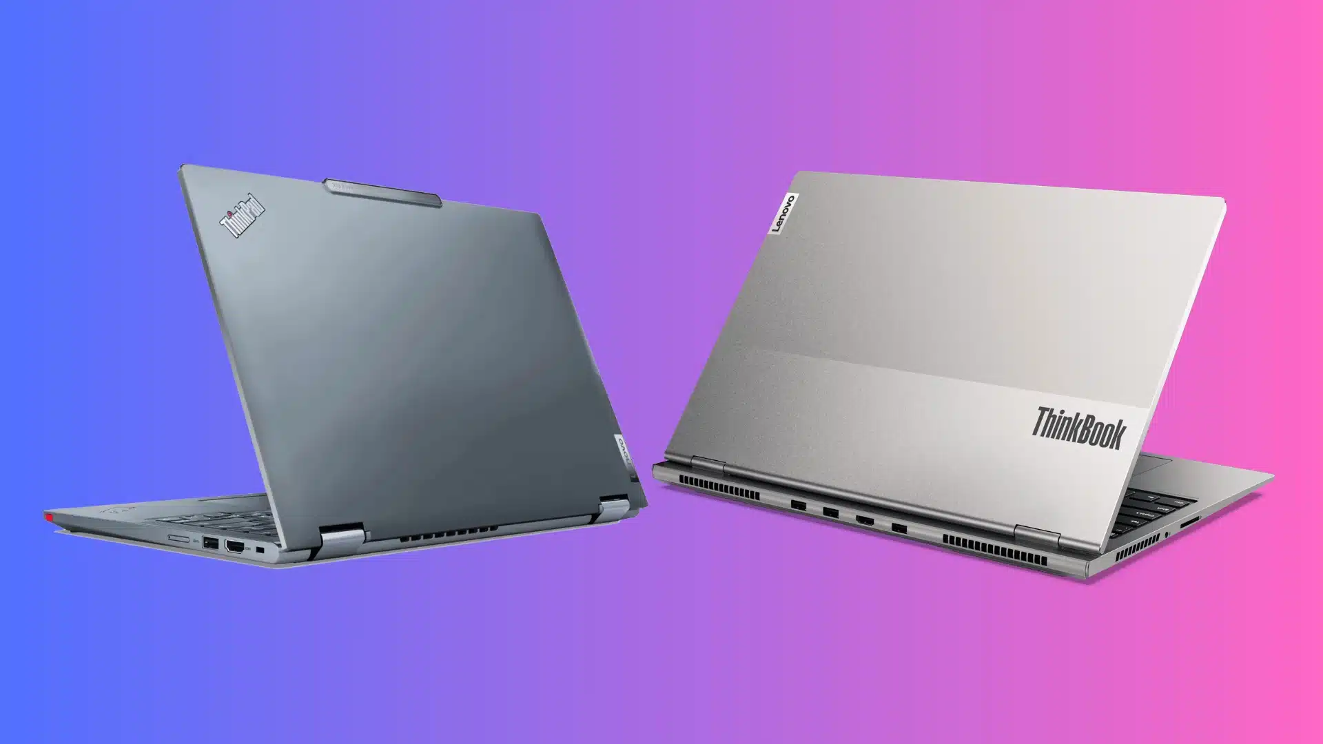 ThinkPad and ThinkBook laptops shown from the rear with different chassis designs and port layouts.