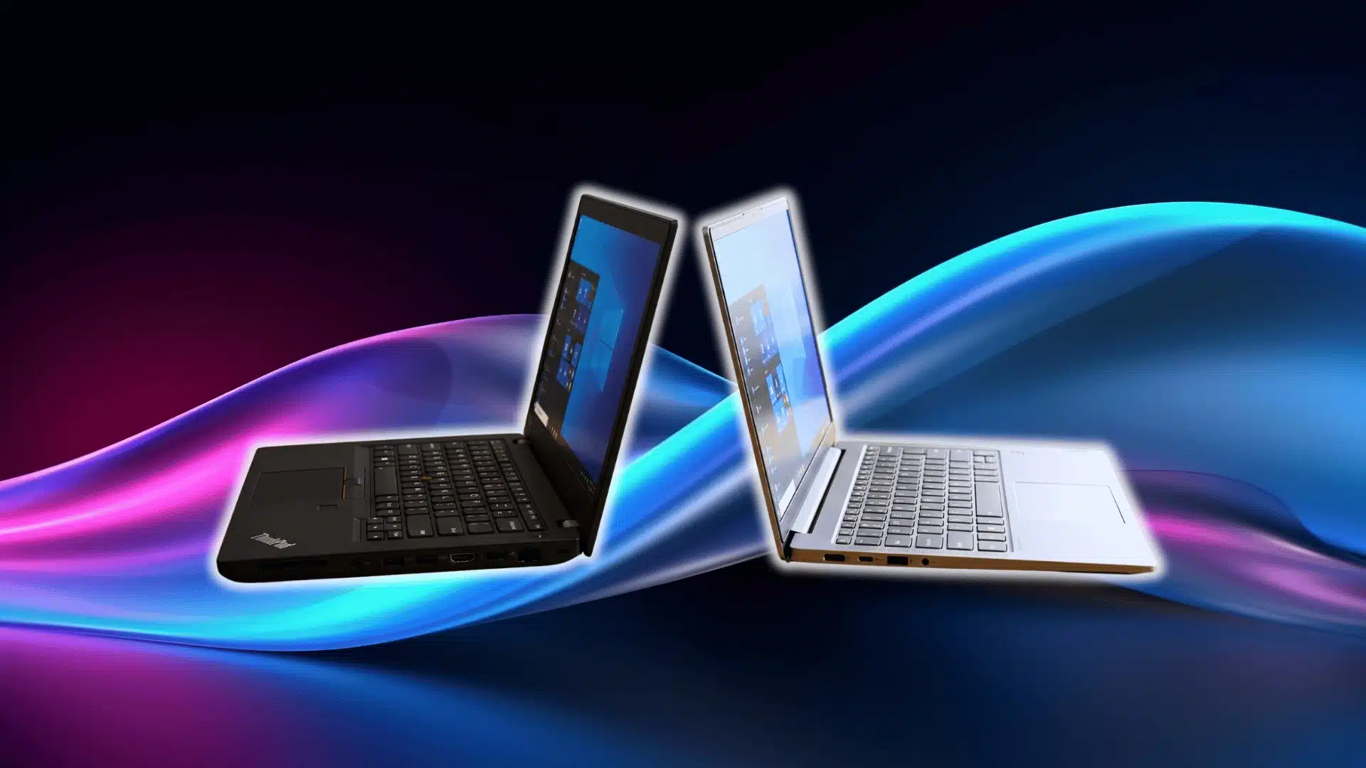 Black and silver business laptops facing each other in a side-by-side design comparison.