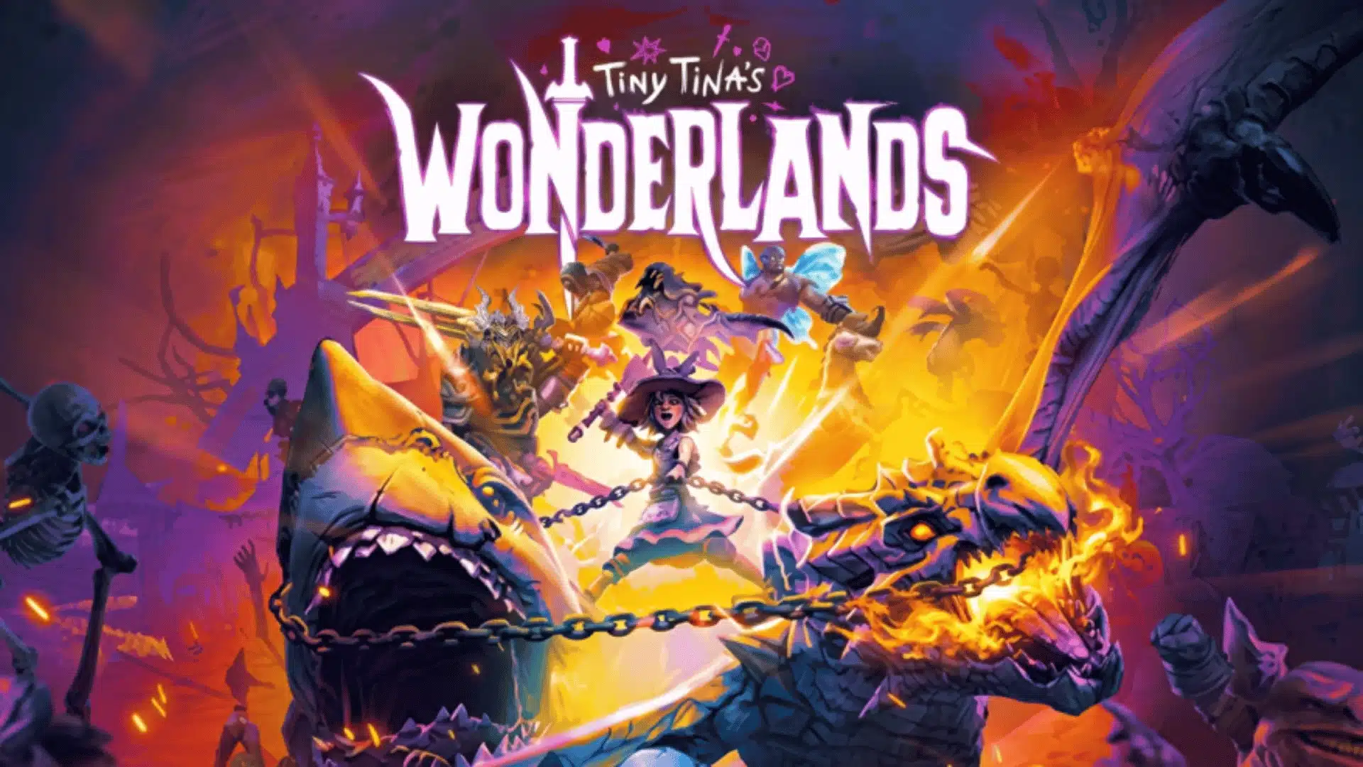 Tiny Tina’s Wonderlands fantasy battle scene with armored creatures, skeletons, explosions, and the game logo.