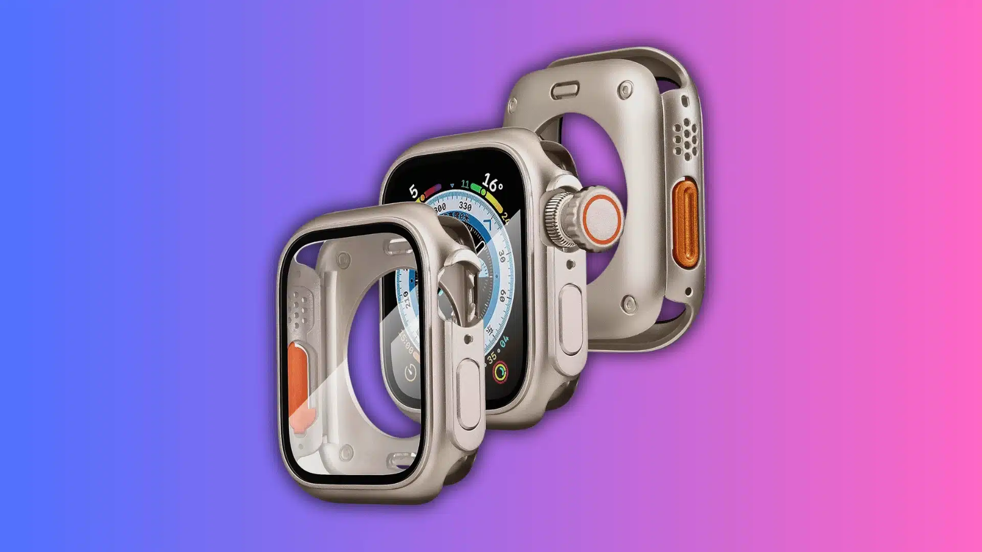 Titanium Apple Watch case shown with the front glass, side buttons, crown, and rear case visible.