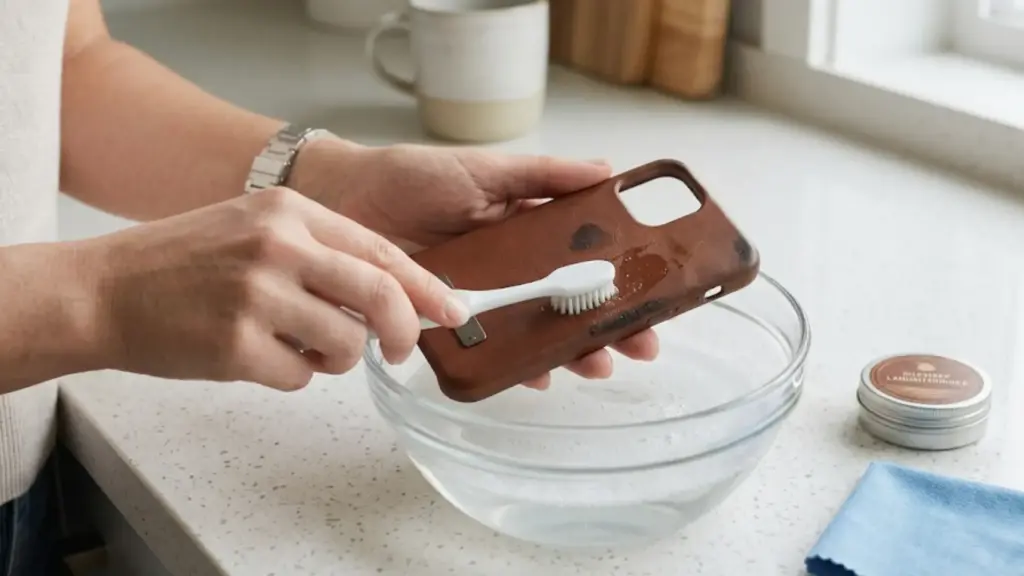 woman cleans a brown leather phone case with a toothbrush over a soapy bowl, using a special cleaning agent