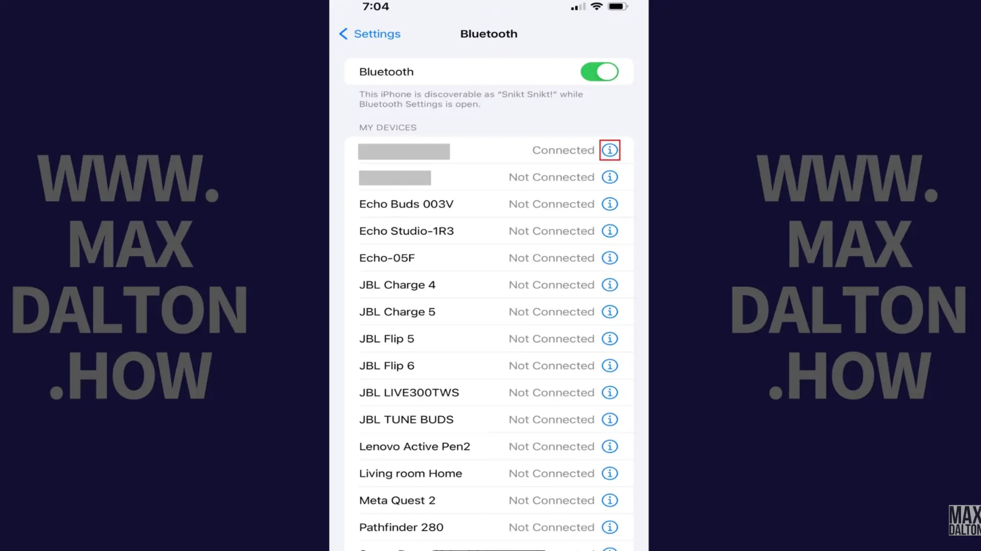 iPhone Bluetooth settings screen with the paired Windows computer selected and the Show Notifications toggle switched on for Phone Link