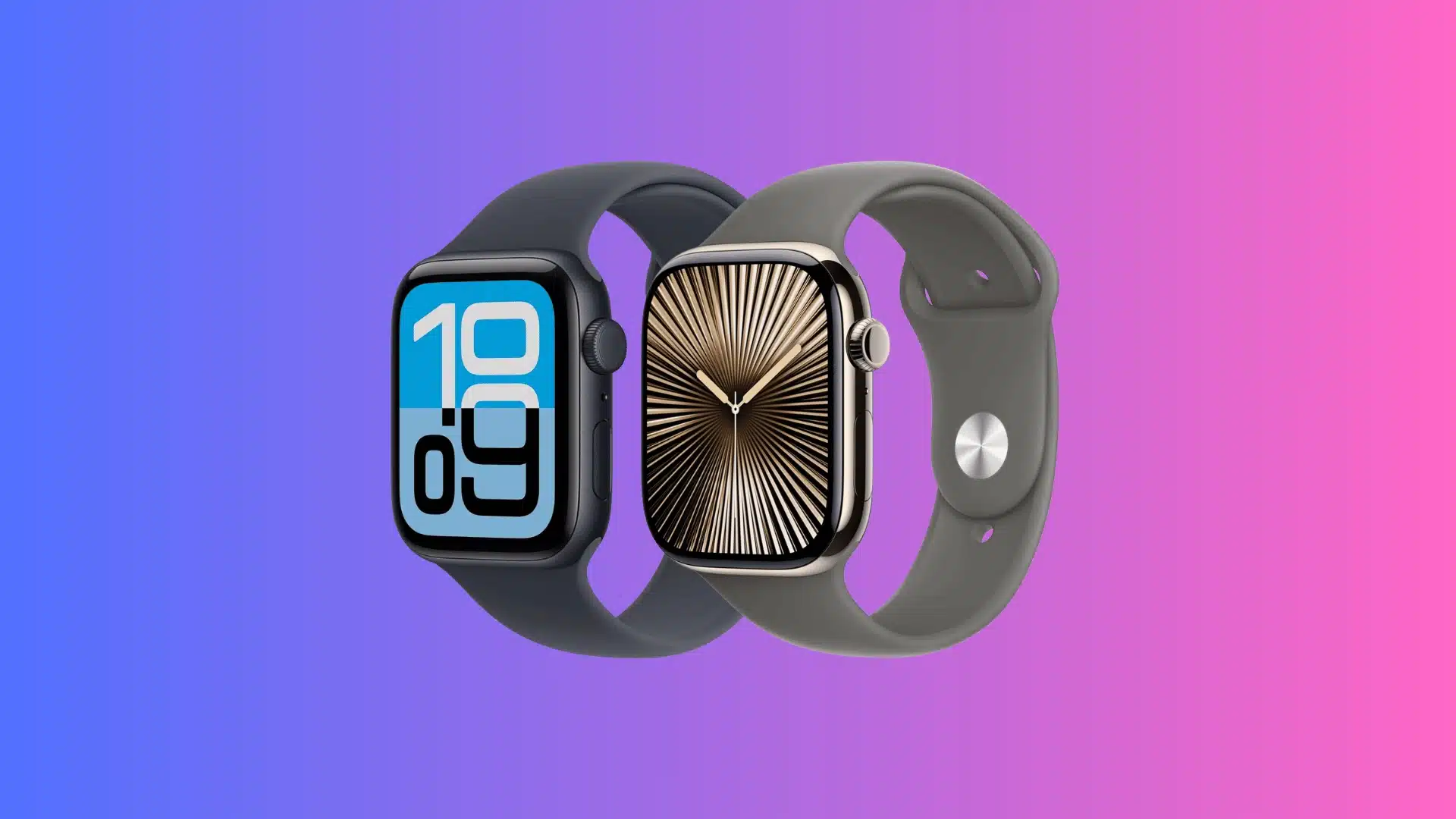 Two Apple Watches with dark aluminum and light titanium-style cases shown side by side.