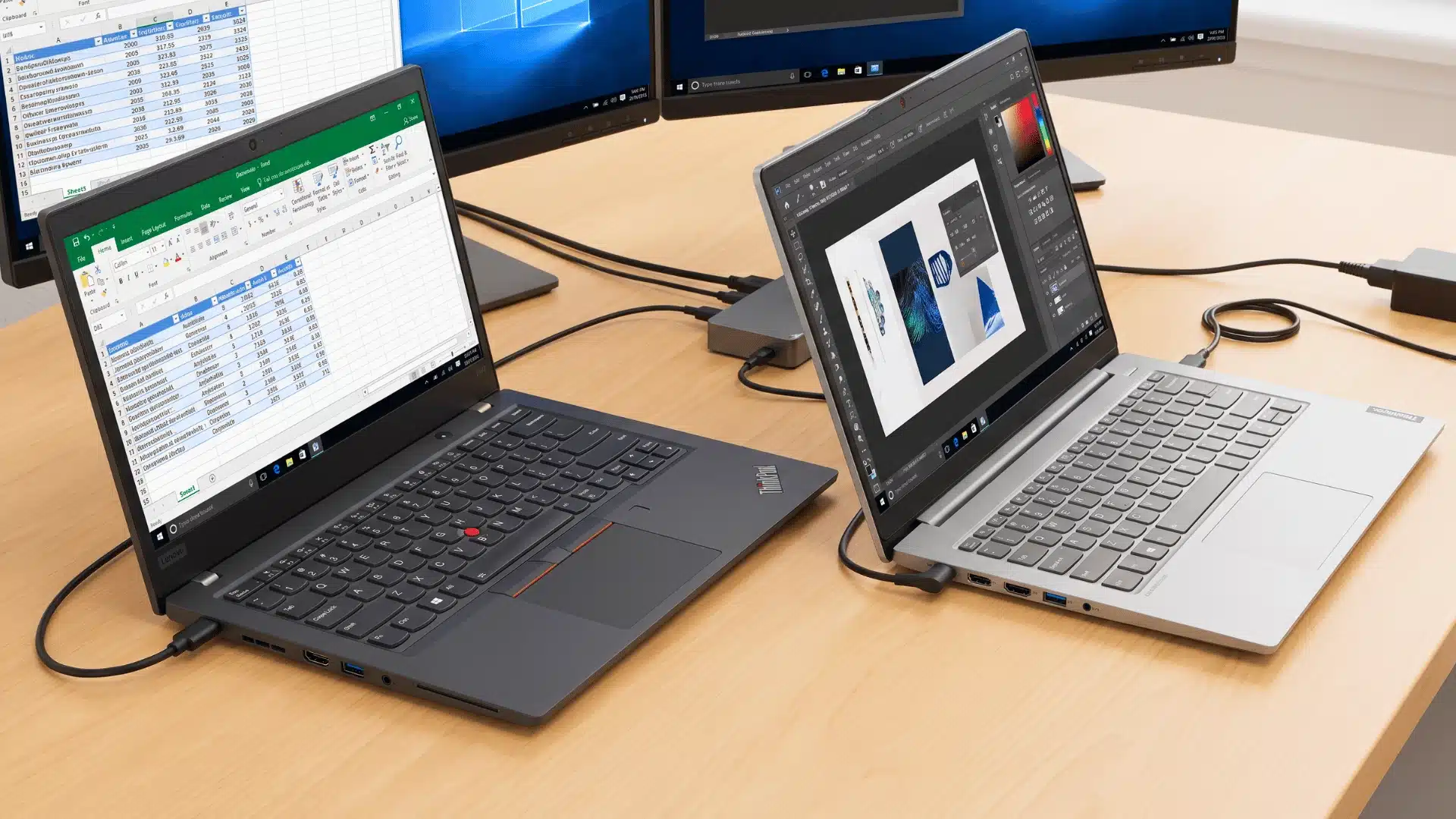 Two business laptops connected to external monitors and docks with different display and port setups