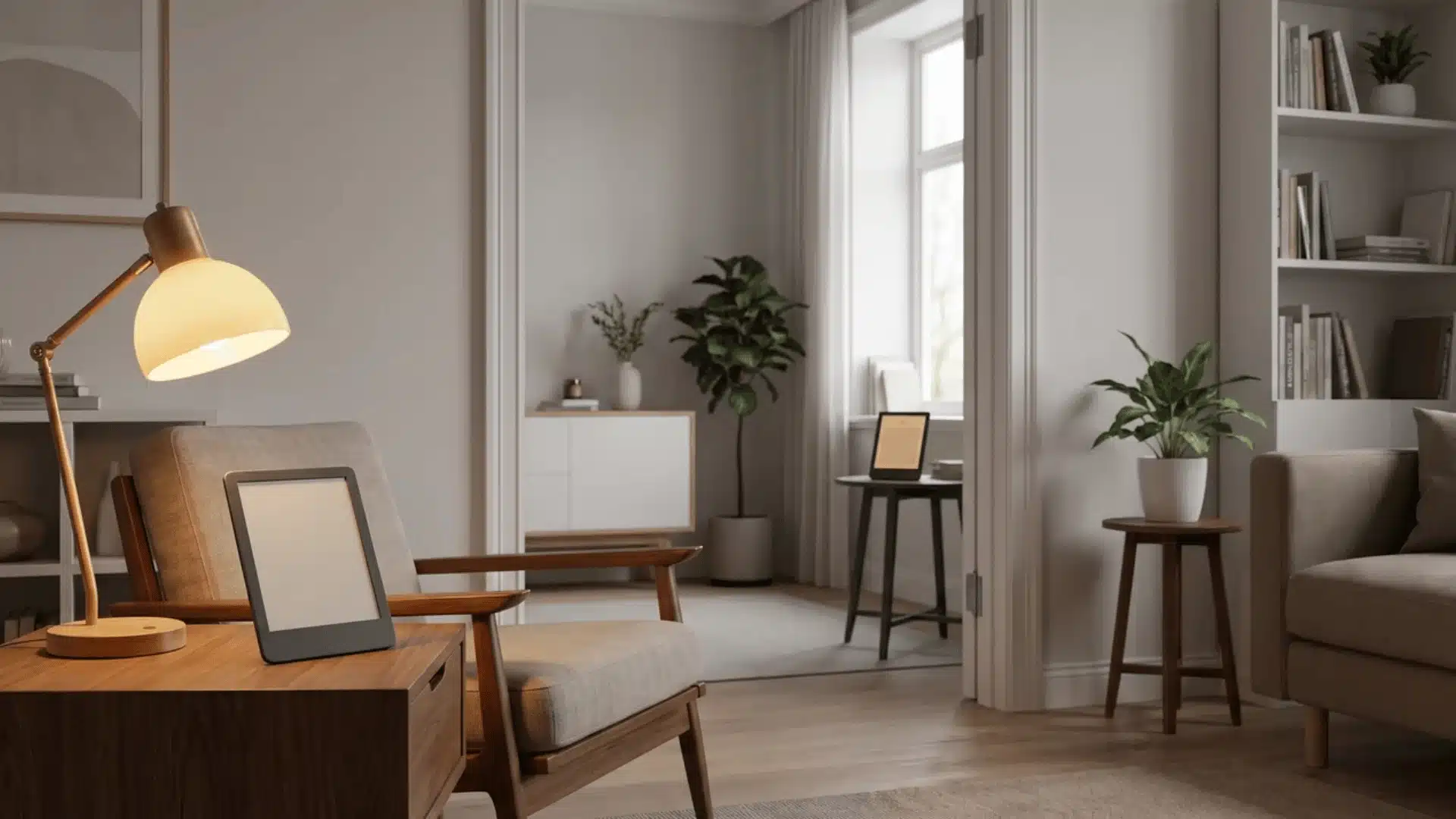 Two e-readers in separate rooms with fixed and automatically adjusted screen brightness