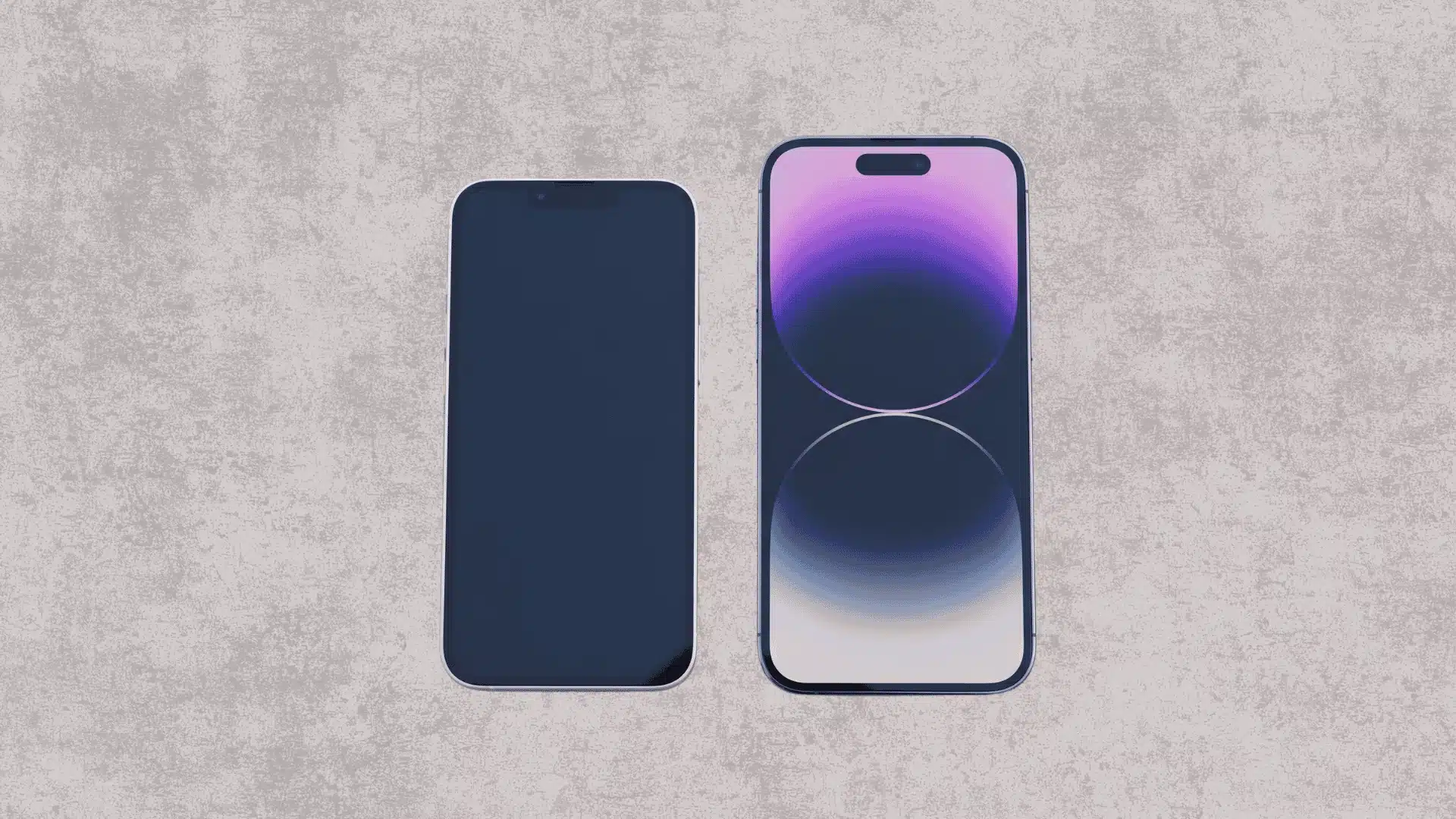 Two smartphones shown side by side with dark screens on a textured gray surface.