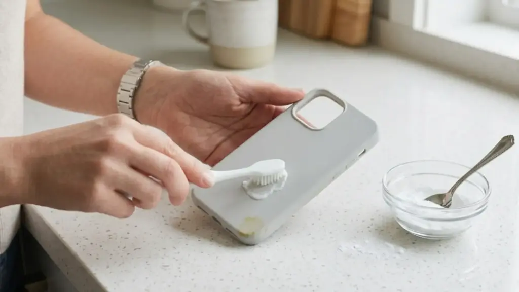 Microfiber cloth dampened with isopropyl alcohol wiping down a phone case to disinfect the surface without damaging sensitive material finishes