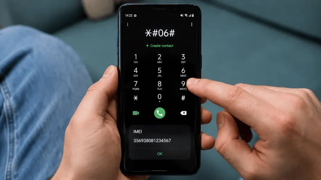 Smartphone displaying an IMEI number after entering a dial code.