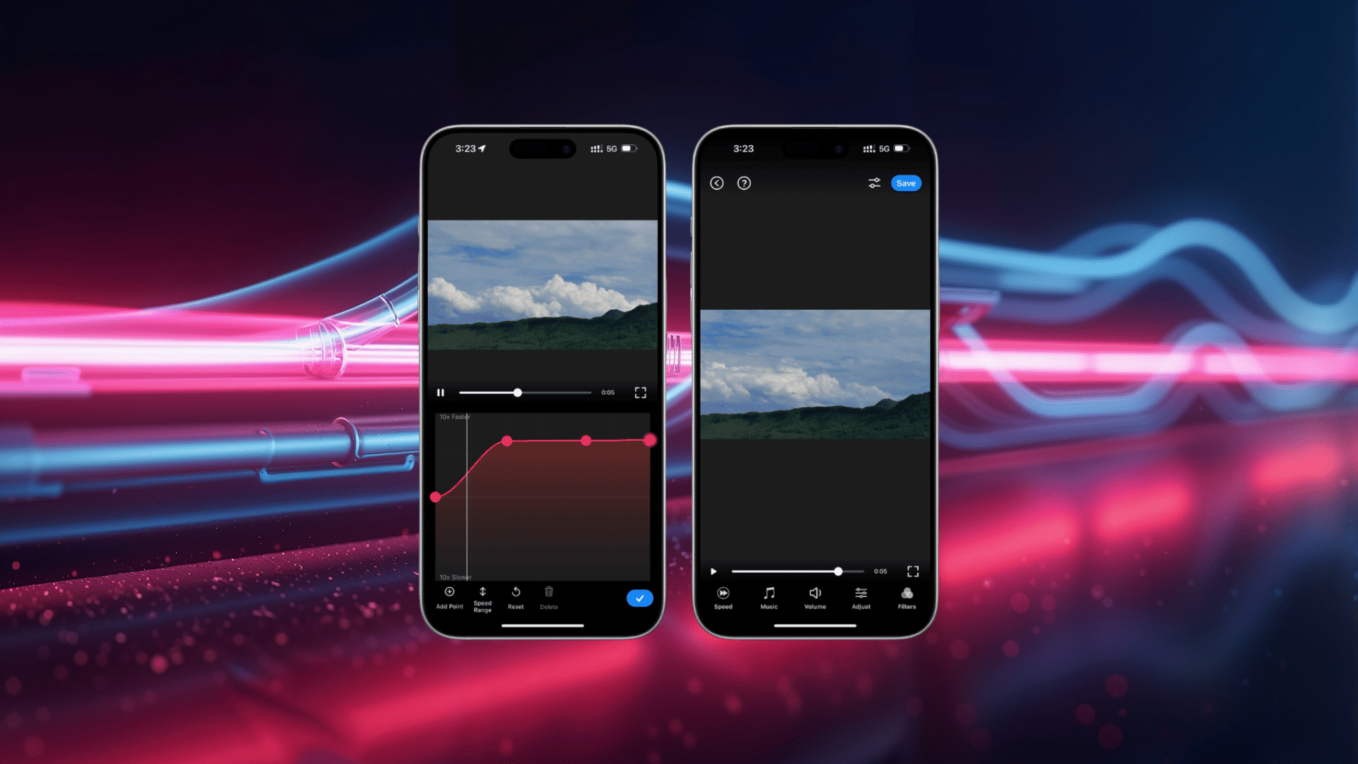 video editing app interface showing speed adjustment controls and playback settings on iphone