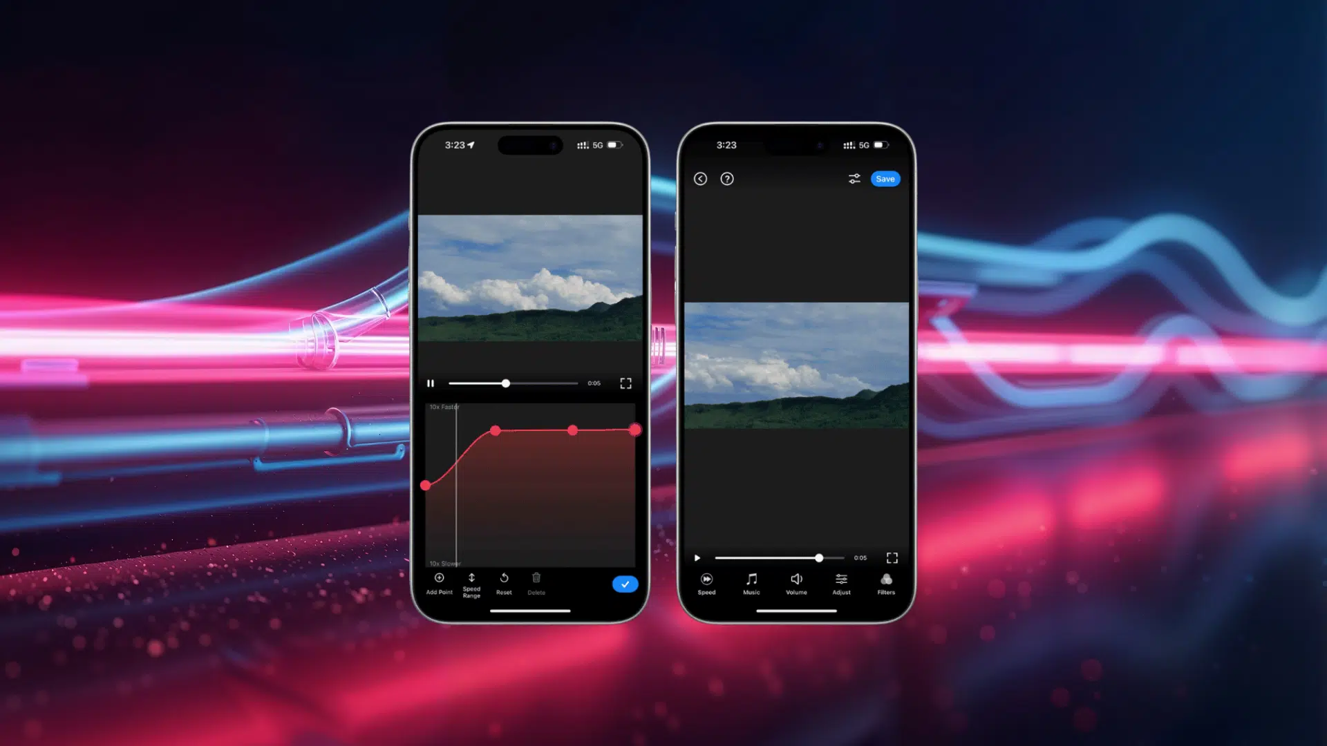 video editing app interface showing speed adjustment controls and playback settings on iphone