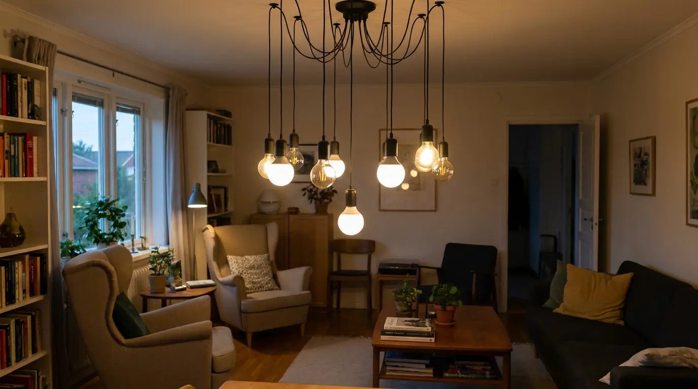 warm living room with multiple led filament bulbs hanging from a vintage style pendant fixture.