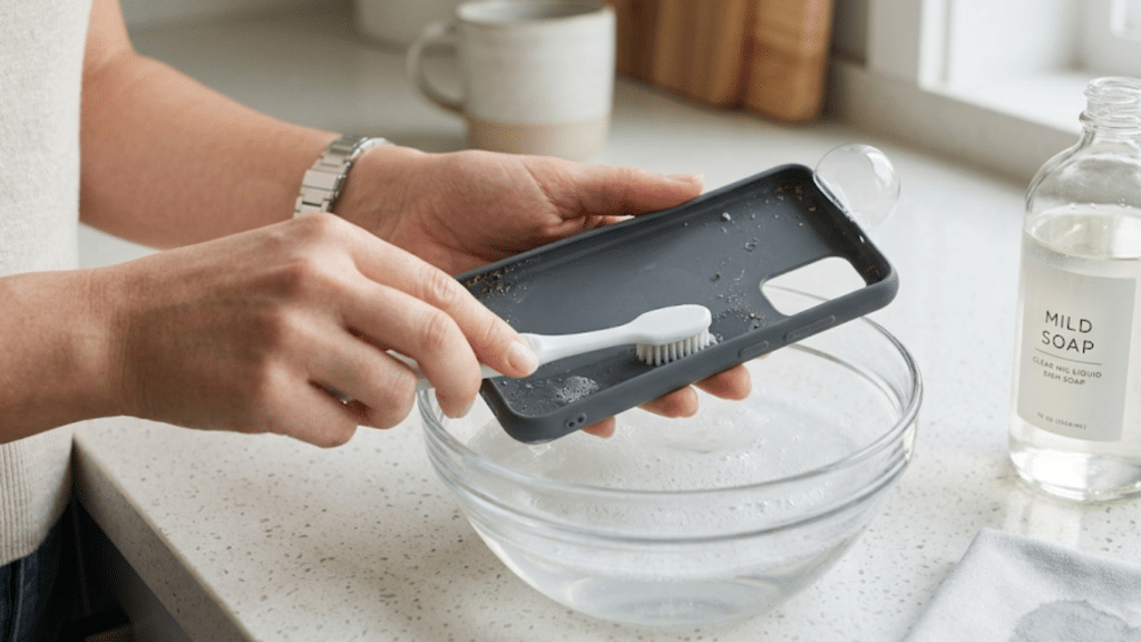 woman cleans a dusty phone case with a toothbrush over a soapy bowl, featuring a 'MILD SOAP' bottle