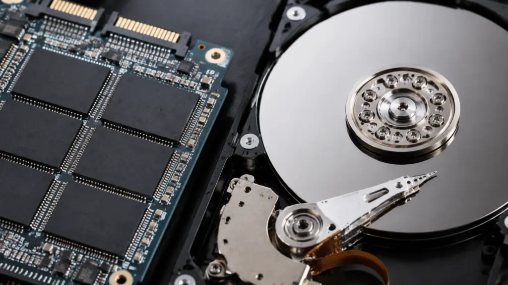 SSD memory chips beside an open hard drive with a magnetic platter and actuator arm