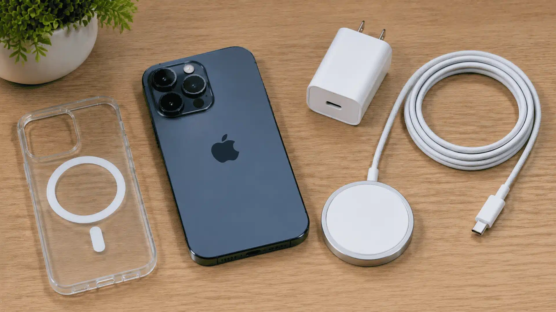 iPhone and MagSafe charging accessories arranged on a desk