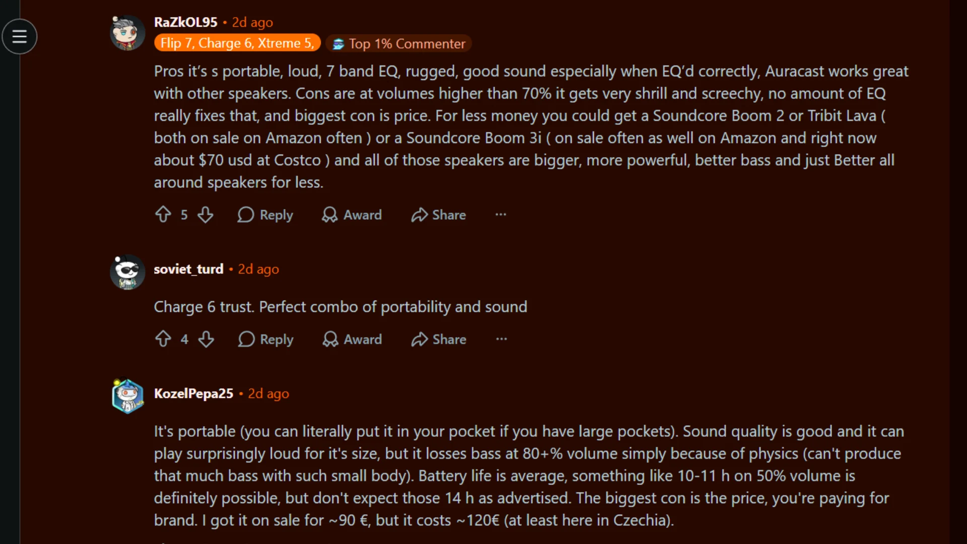 Reddit users discuss JBL Flip 7 sound, bass loss, battery life, and high-volume limits