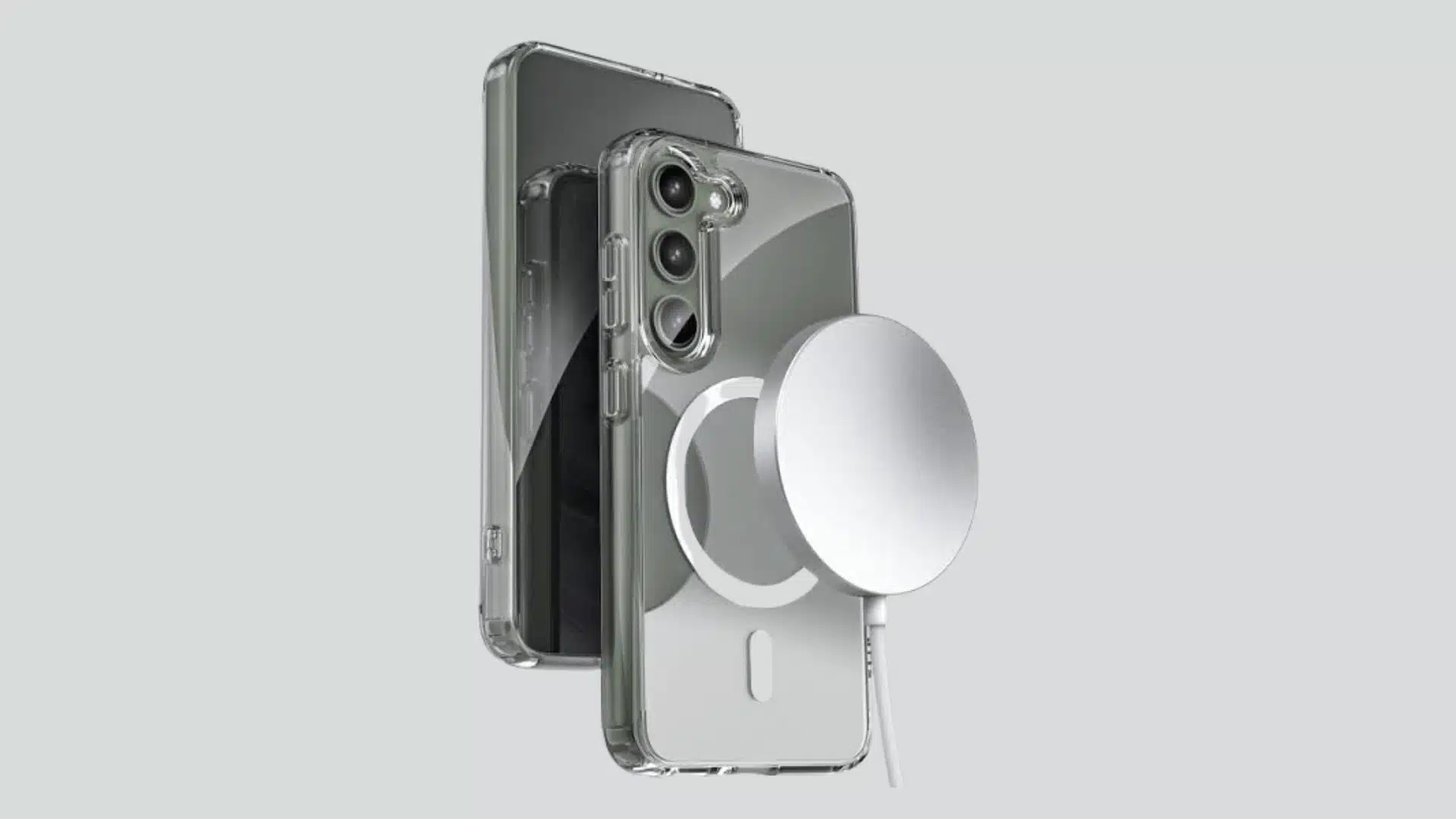 Samsung phone with MagSafe-compatible case and magnetic charger attached for wireless charging.