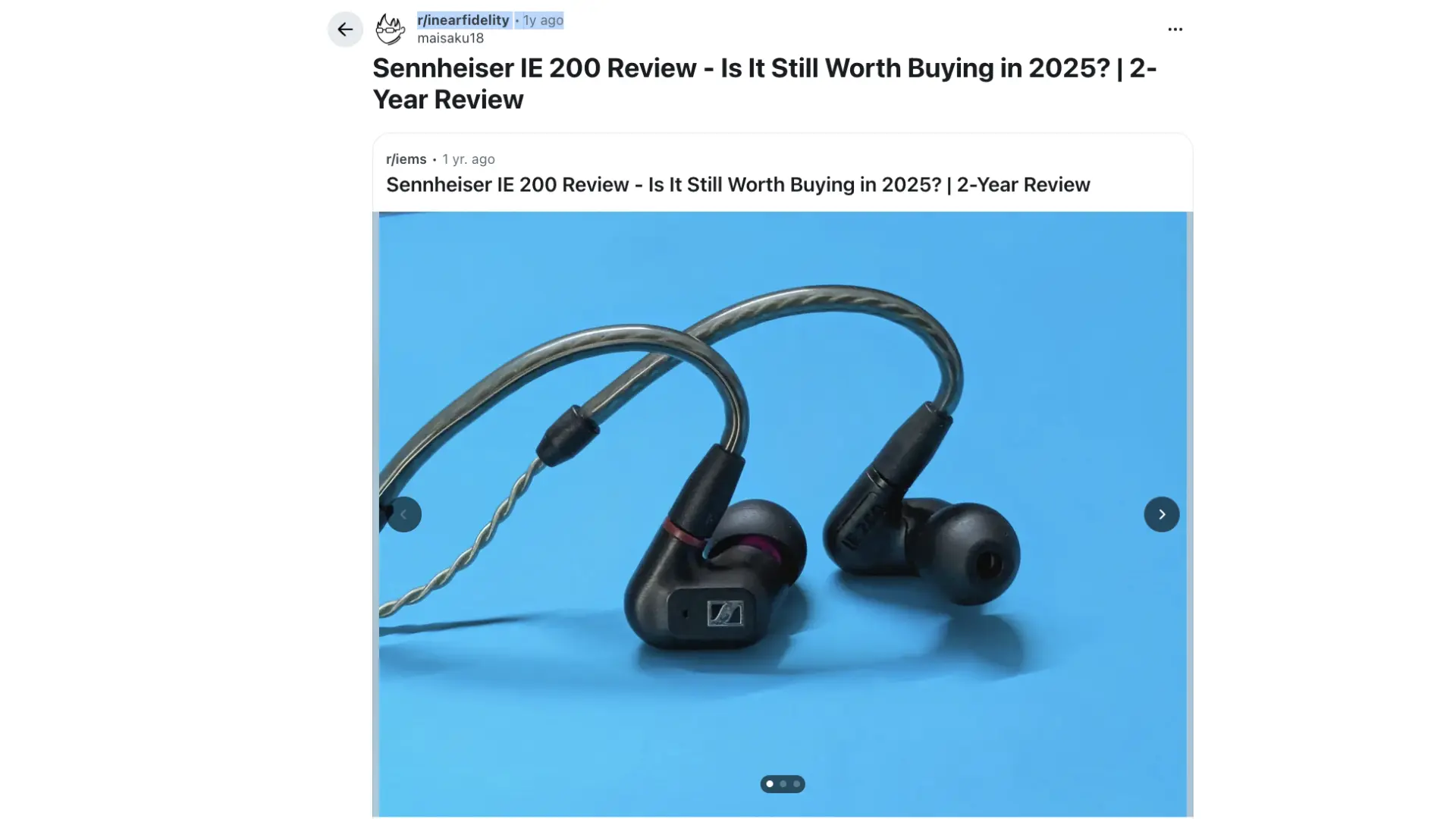 sennheiser IE 200 wired in-ear monitors with detachable cable displayed on a blue background, highlighting the compact ergonomic design and fit
