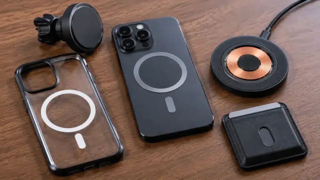 Smartphone with magnetic accessories and wireless charger on a wooden surface