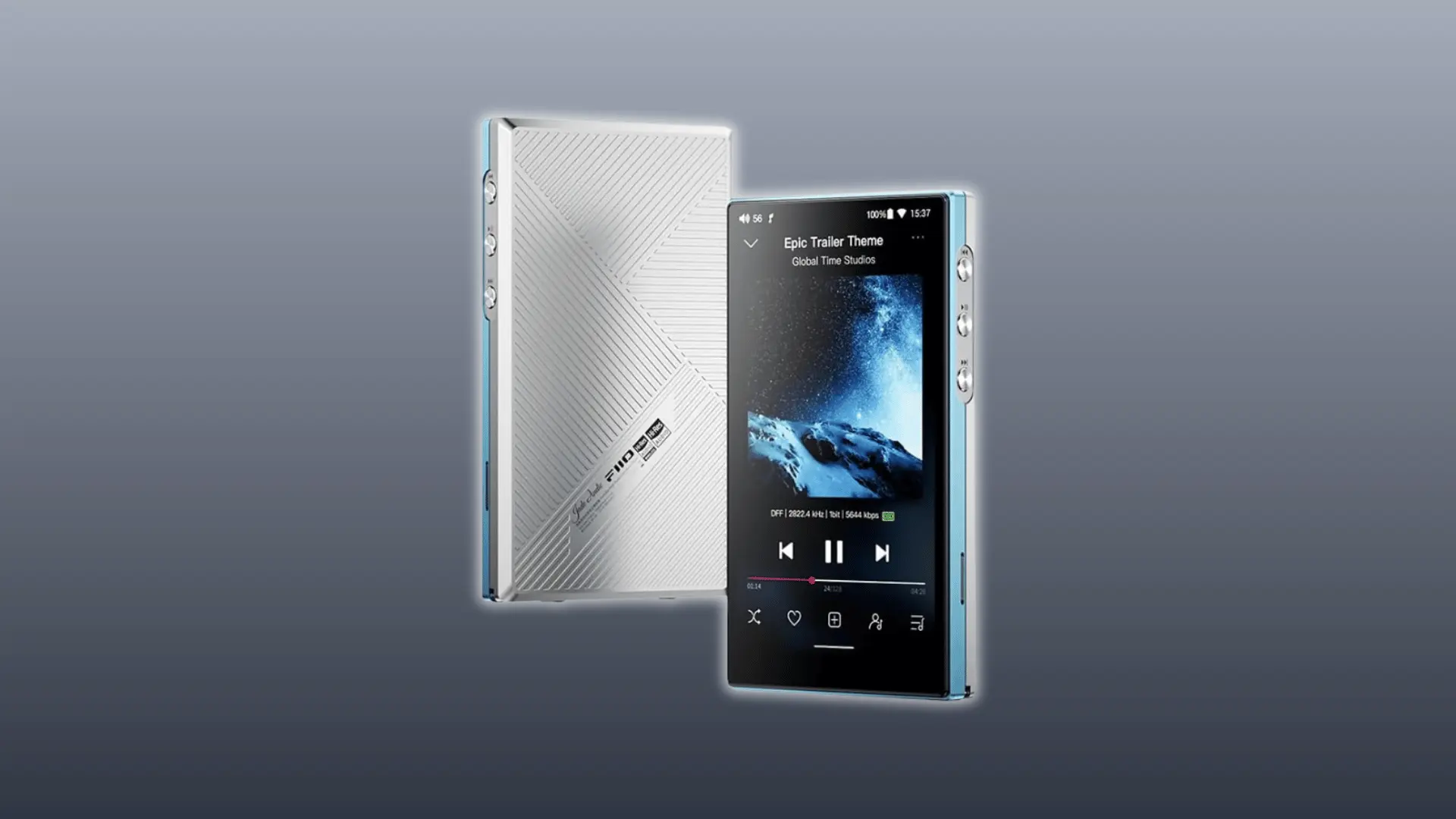 Silver FiiO JM21 digital audio player showing the front display and textured back panel on a gray background.
