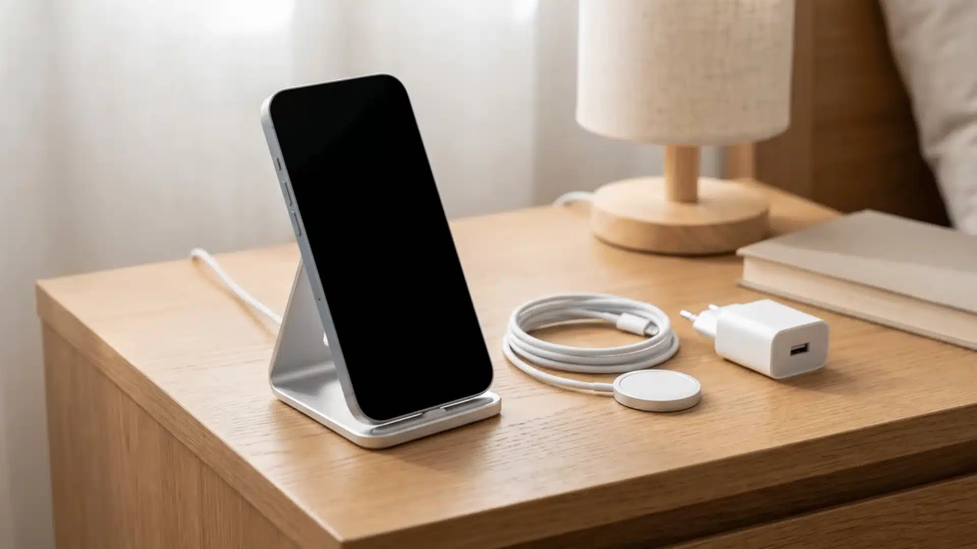 iPhone on a charging stand with MagSafe charger, cable, and adapter nearby for inspection