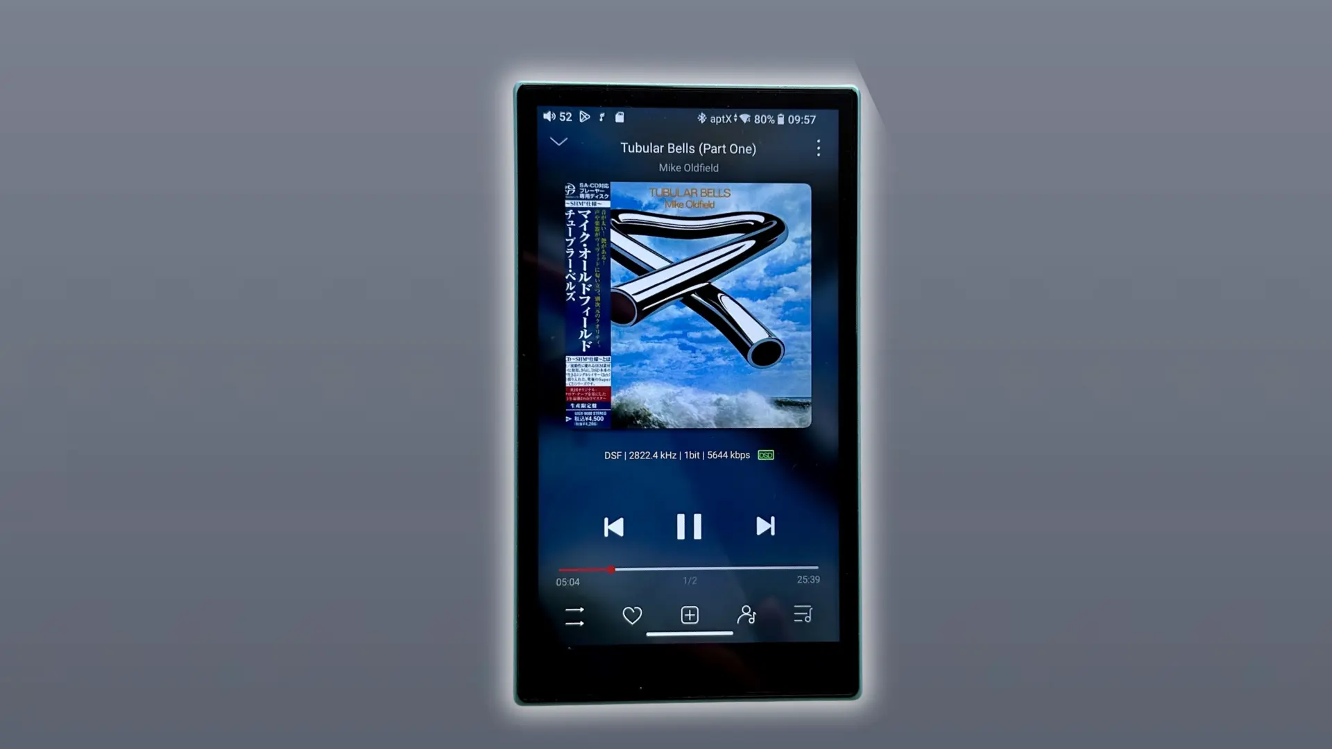 Portable digital audio player showing Mike Oldfield’s Tubular Bells album with playback controls.