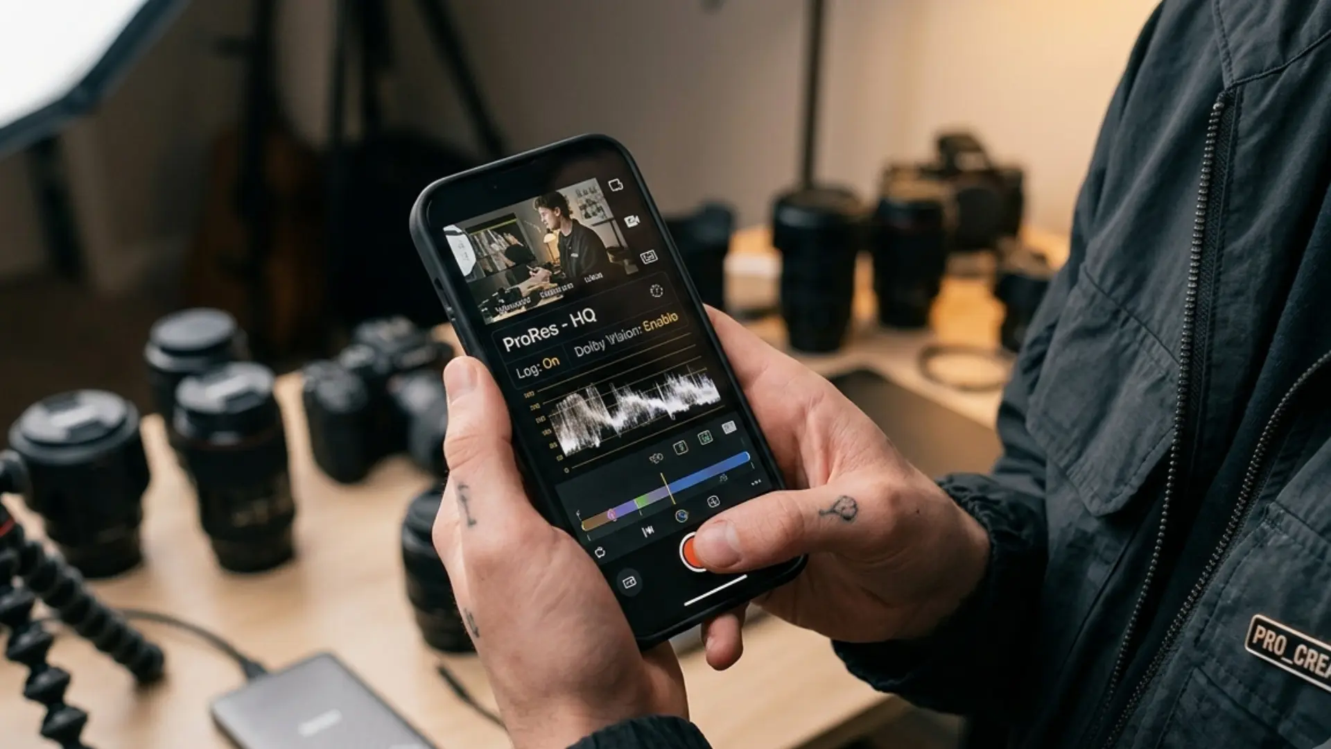 hands holding a smartphone displaying advanced camera interface settings, with camera lenses and equipment blurred on a desk