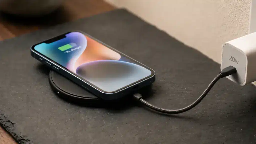 iPhone 14 charging wirelessly on a Qi pad connected to a 20W wall adapter