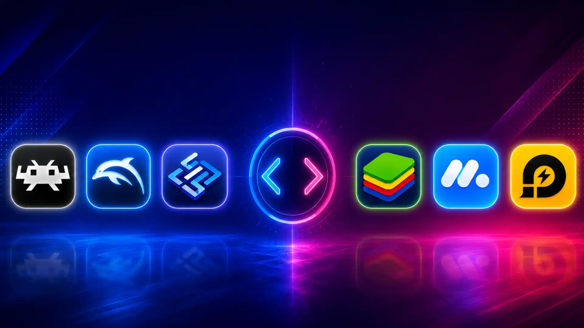 Neon emulator icons split between retro consoles and Android choices on a dark PC backdrop