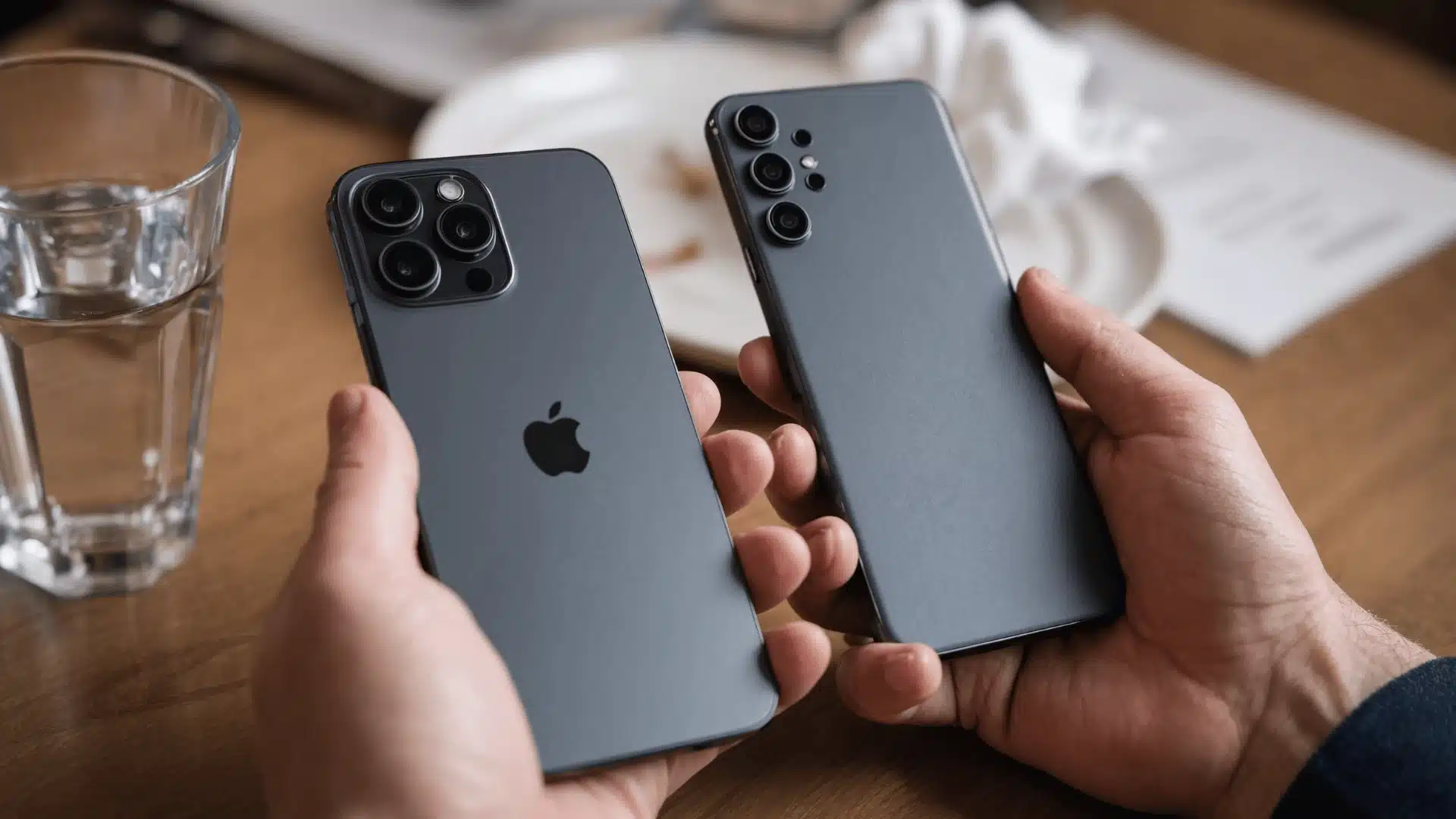 Hands holding an iPhone and Android phone side by side, comparing camera designs and build