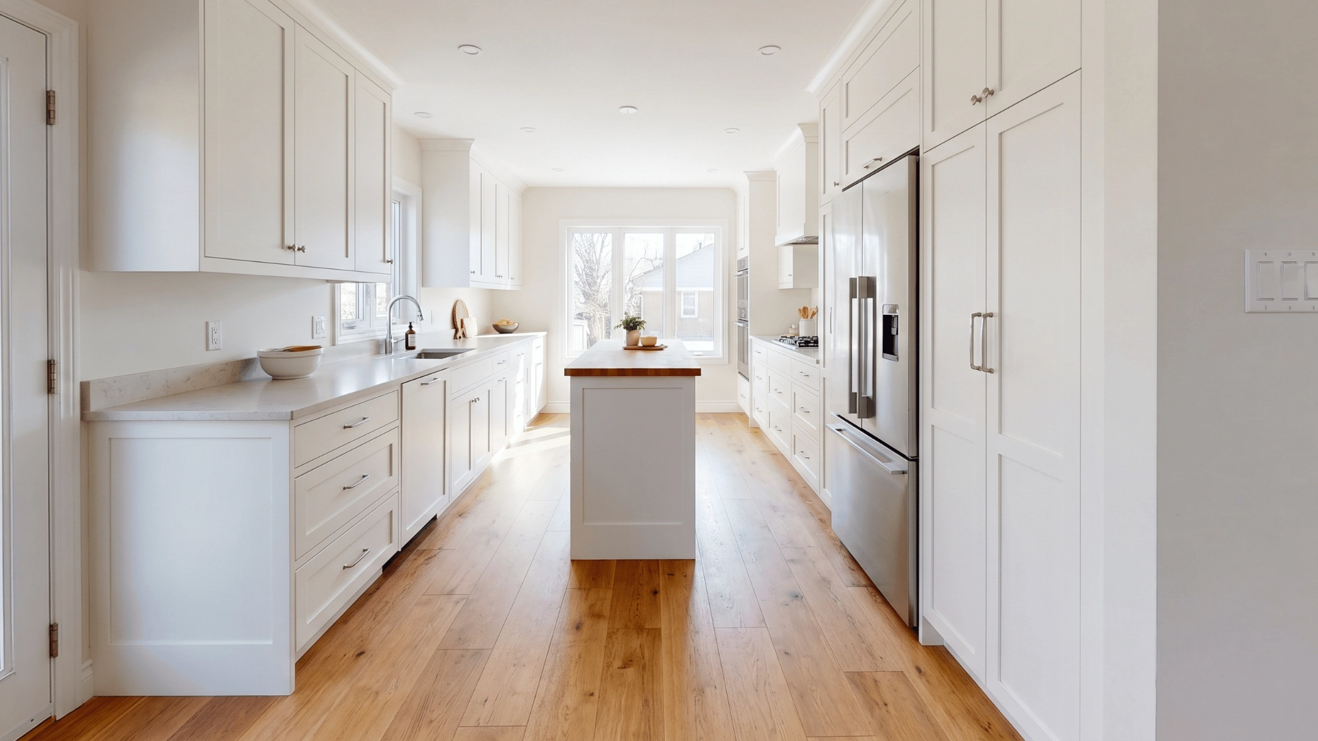 Counter-depth refrigerator keeping a narrow galley kitchen walkway clear beside an island